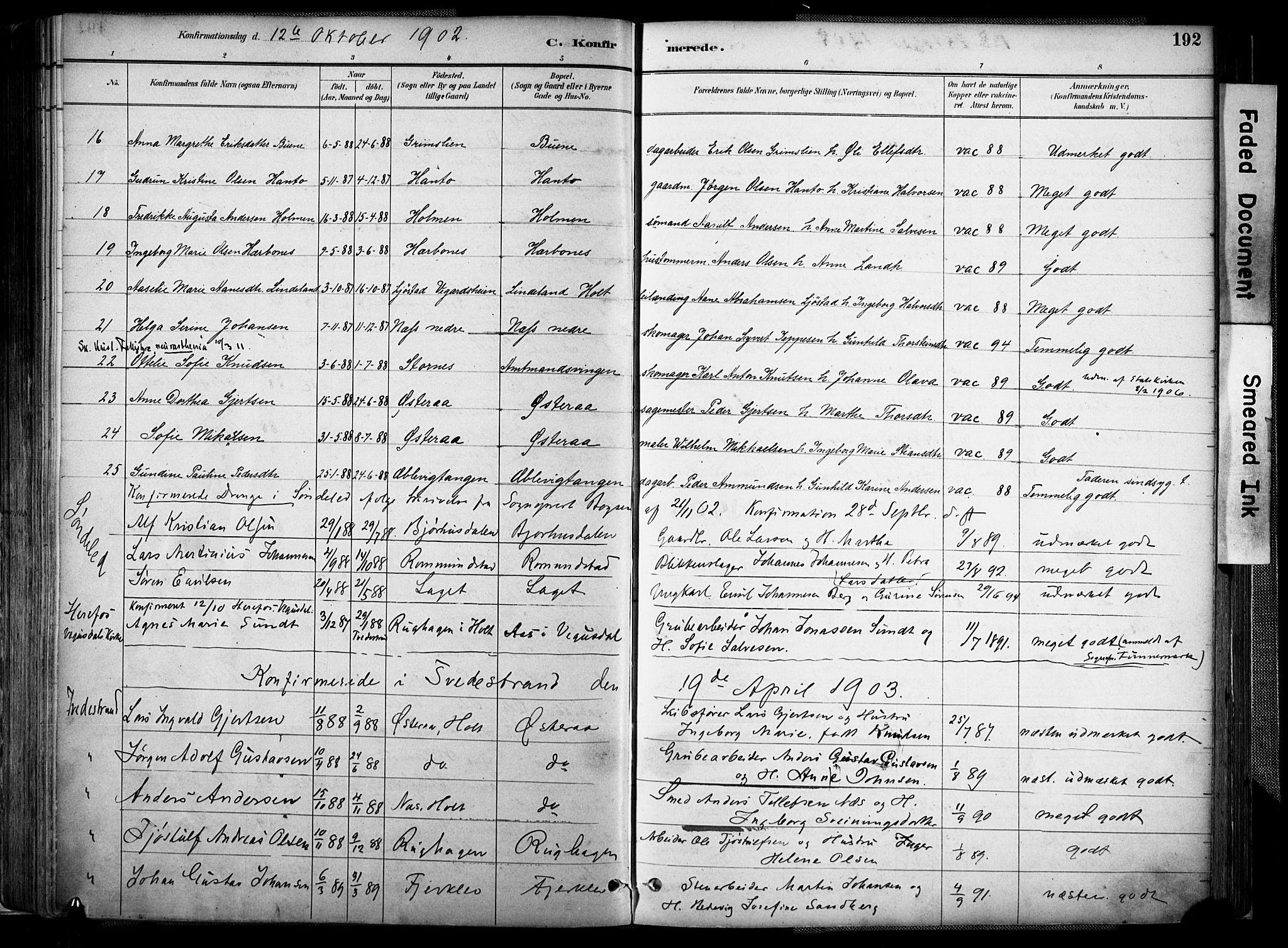 Holt sokneprestkontor, AV/SAK-1111-0021/F/Fa/L0012: Ministerialbok nr. A 12, 1885-1907, s. 192