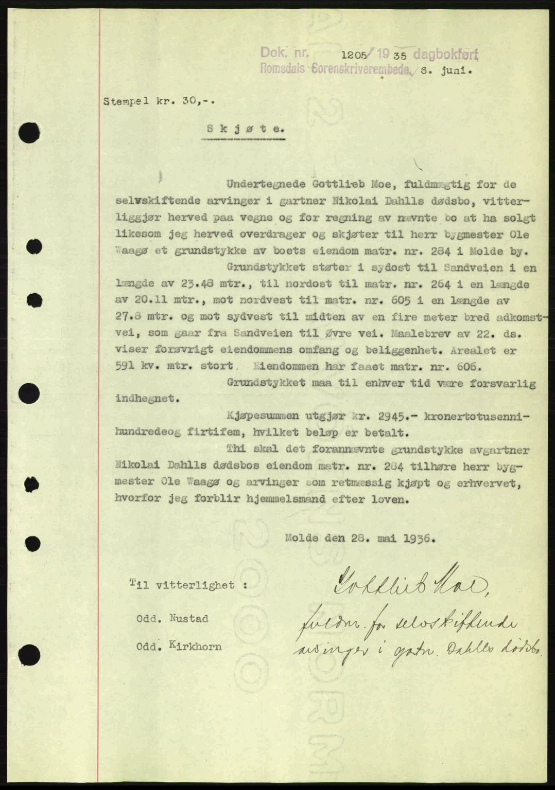 Romsdal sorenskriveri, SAT/A-4149/1/2/2C: Pantebok nr. A1, 1936-1936, Dagboknr: 1205/1936