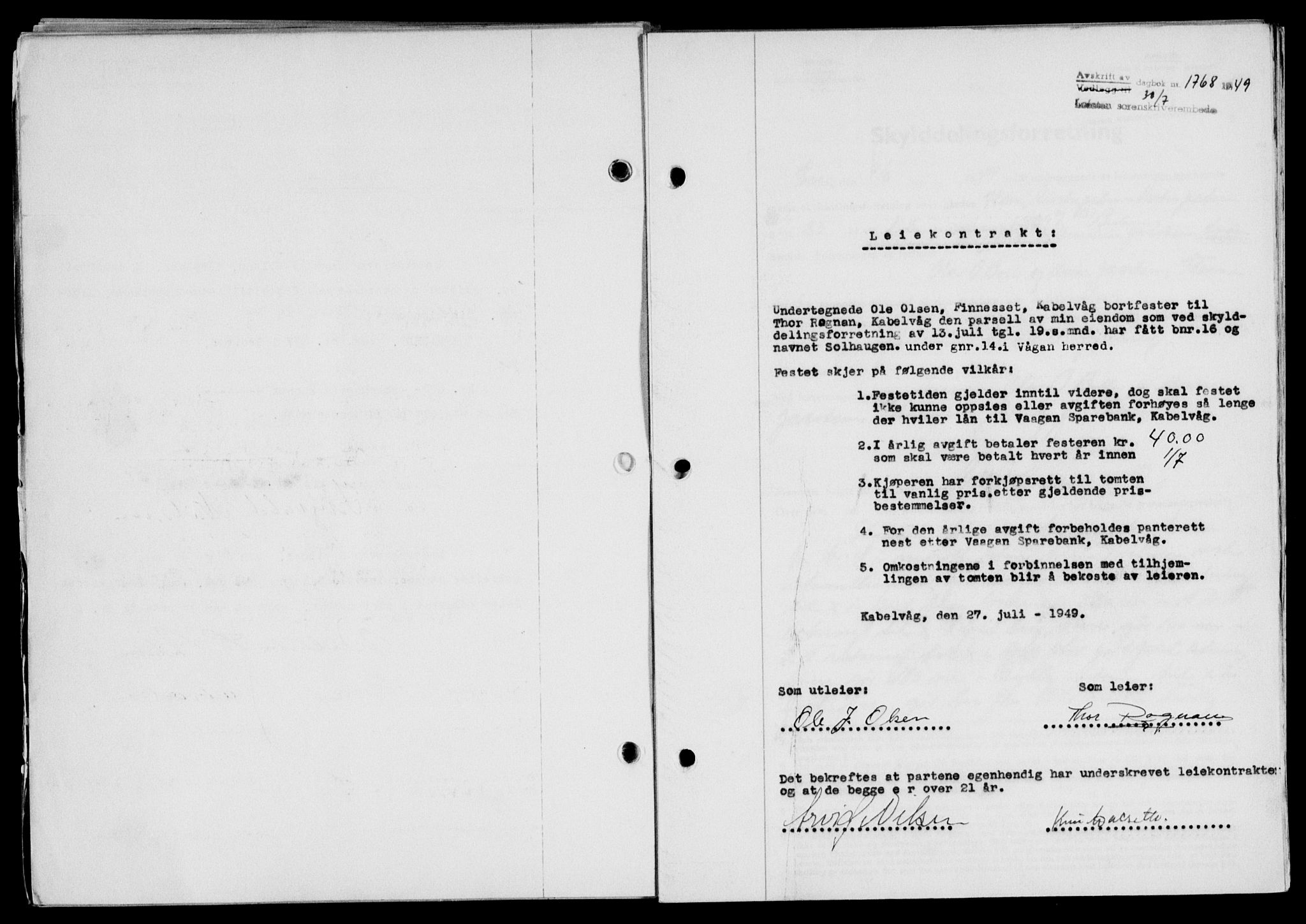 Lofoten sorenskriveri, SAT/A-0017/1/2/2C/L0021a: Pantebok nr. 21a, 1949-1949, Dagboknr: 1768/1949