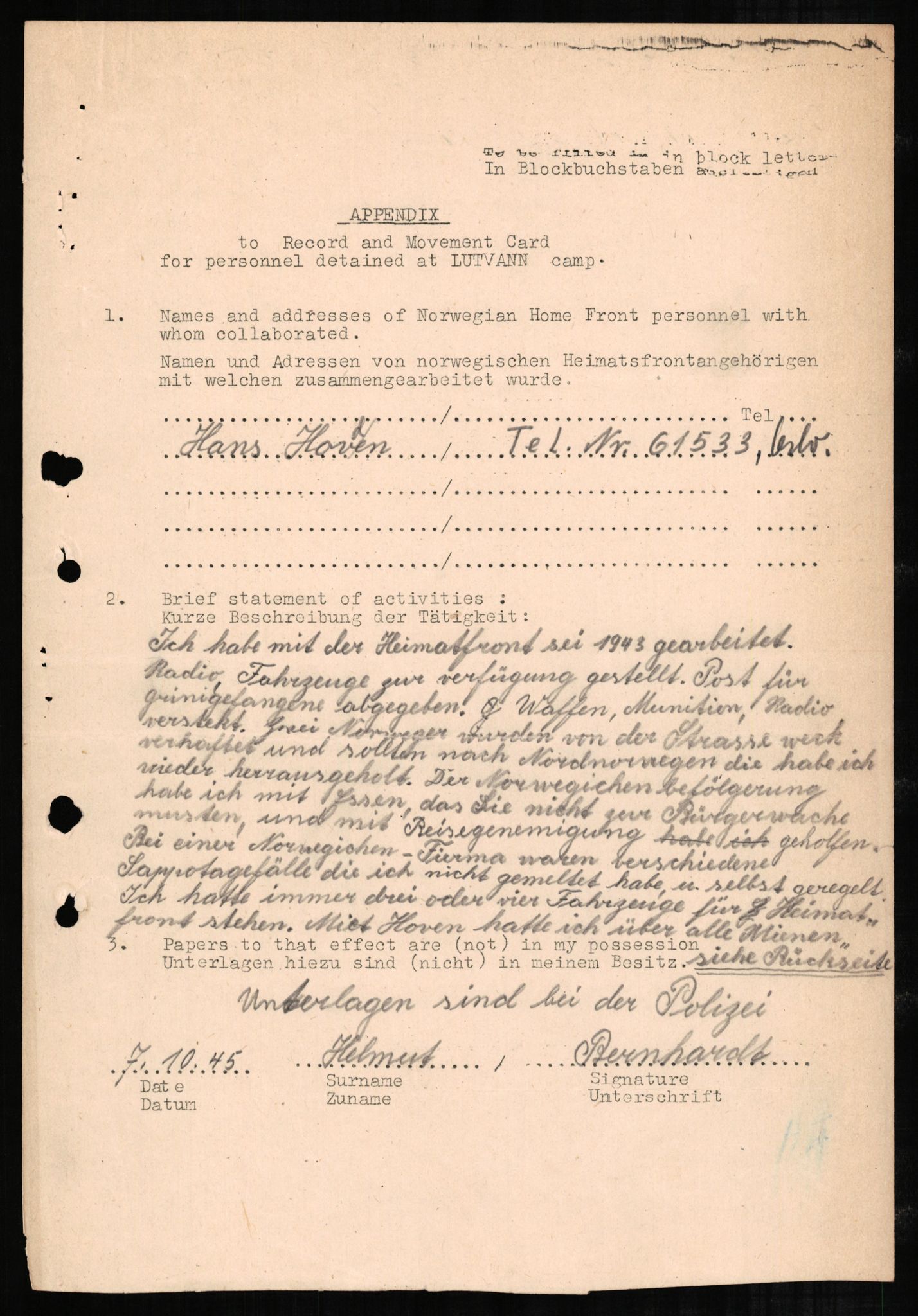 Forsvaret, Forsvarets overkommando II, RA/RAFA-3915/D/Db/L0002: CI Questionaires. Tyske okkupasjonsstyrker i Norge. Tyskere., 1945-1946, s. 608