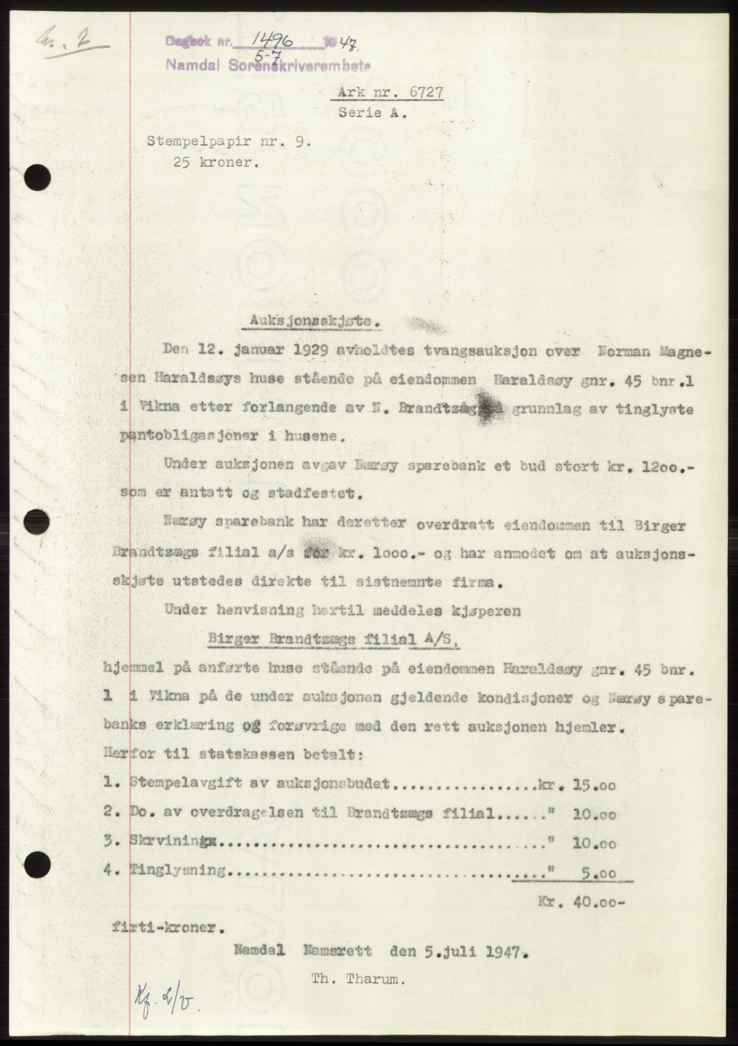 Namdal sorenskriveri, SAT/A-4133/1/2/2C: Pantebok nr. -, 1947-1947, Dagboknr: 1496/1947