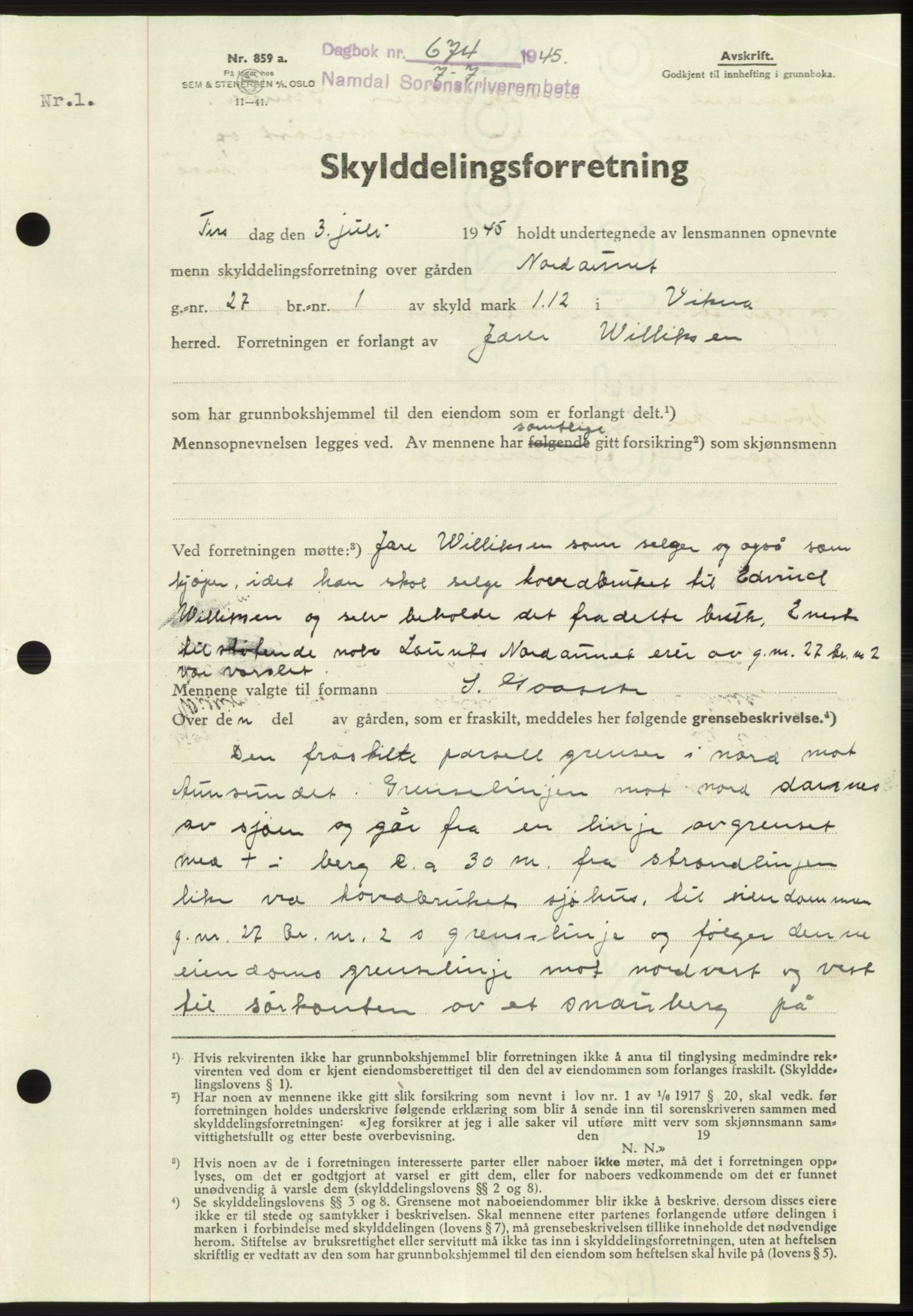 Namdal sorenskriveri, SAT/A-4133/1/2/2C: Pantebok nr. -, 1944-1945, Dagboknr: 674/1945