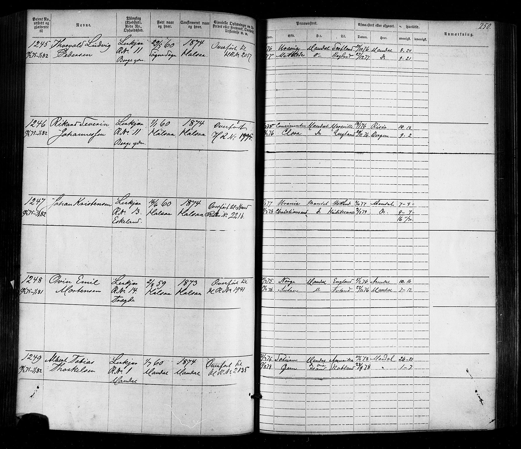 Mandal mønstringskrets, SAK/2031-0016/F/Fa/L0005: Annotasjonsrulle nr 1-1909 med register, Y-15, 1868-1880, s. 290