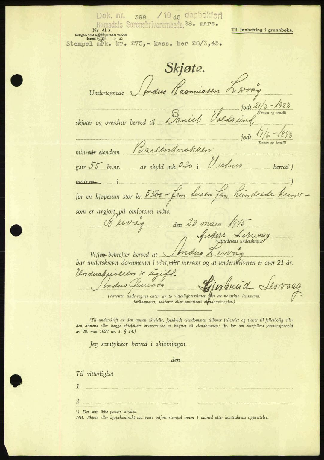 Romsdal sorenskriveri, SAT/A-4149/1/2/2C: Pantebok nr. A17, 1944-1945, Dagboknr: 398/1945