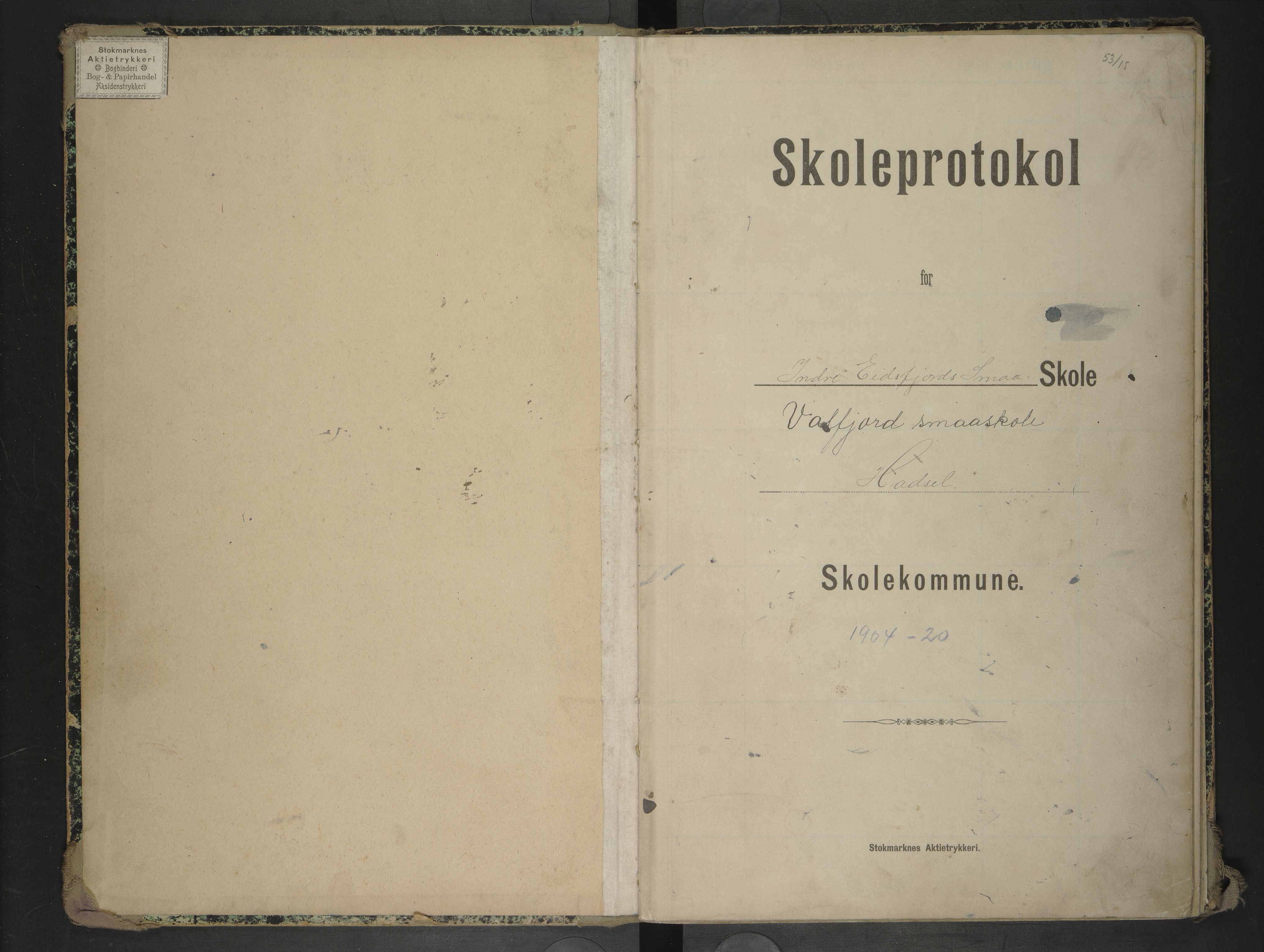 Hadsel kommune. Valfjord skolekrets, AIN/K-18660.510.49/F/L0001: Skoleprotokoll for Valfjord småskole, 1904-1920