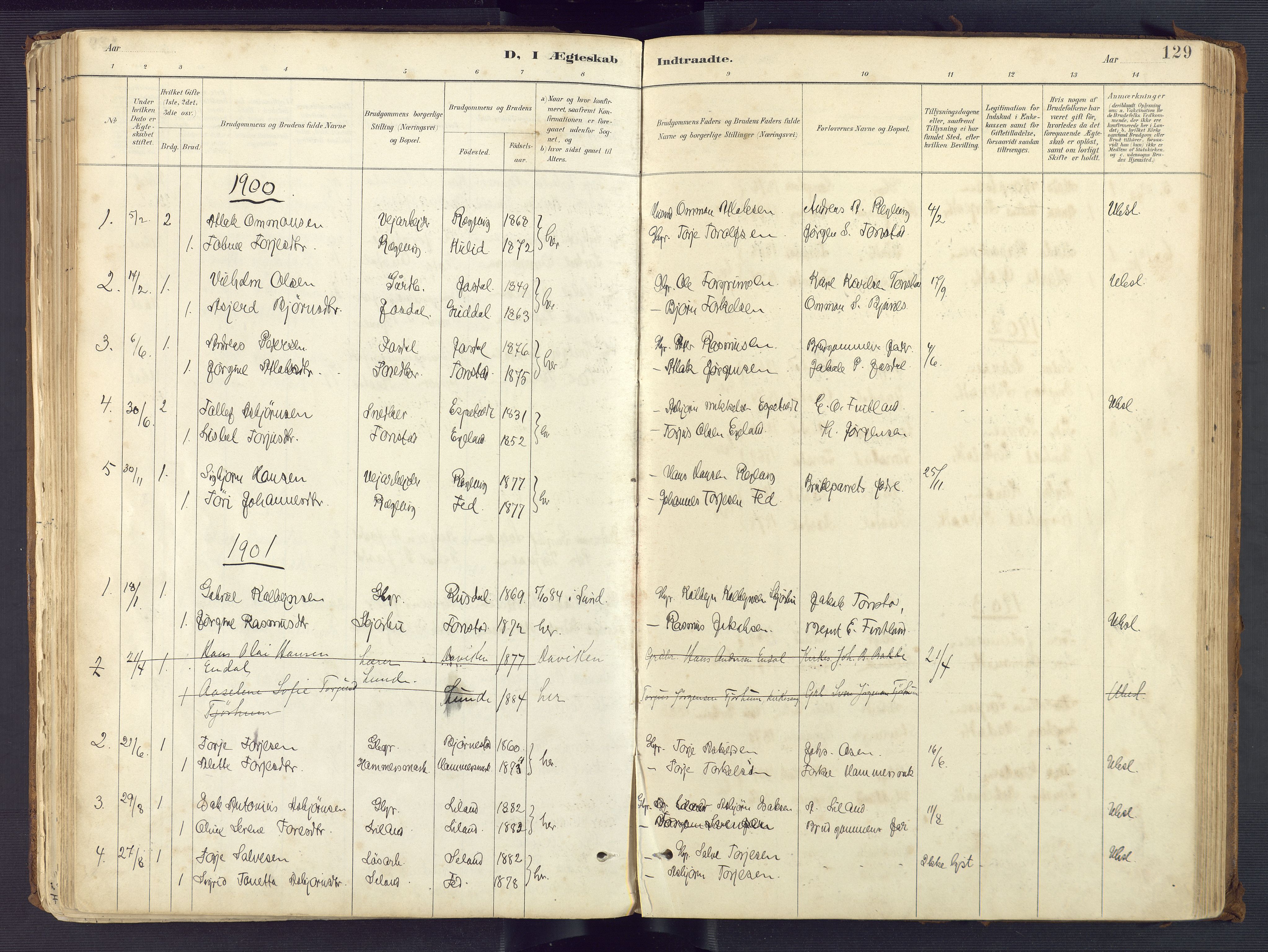 Sirdal sokneprestkontor, AV/SAK-1111-0036/F/Fa/Fab/L0004: Ministerialbok nr. A 4, 1887-1919, s. 129