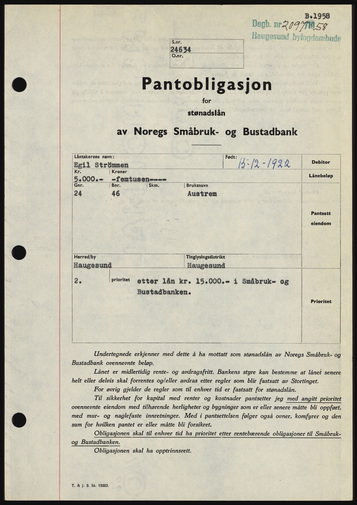 Haugesund tingrett, SAST/A-101415/01/II/IIC/L0044: Pantebok nr. B 44, 1958-1959, Dagboknr: 2097/1958