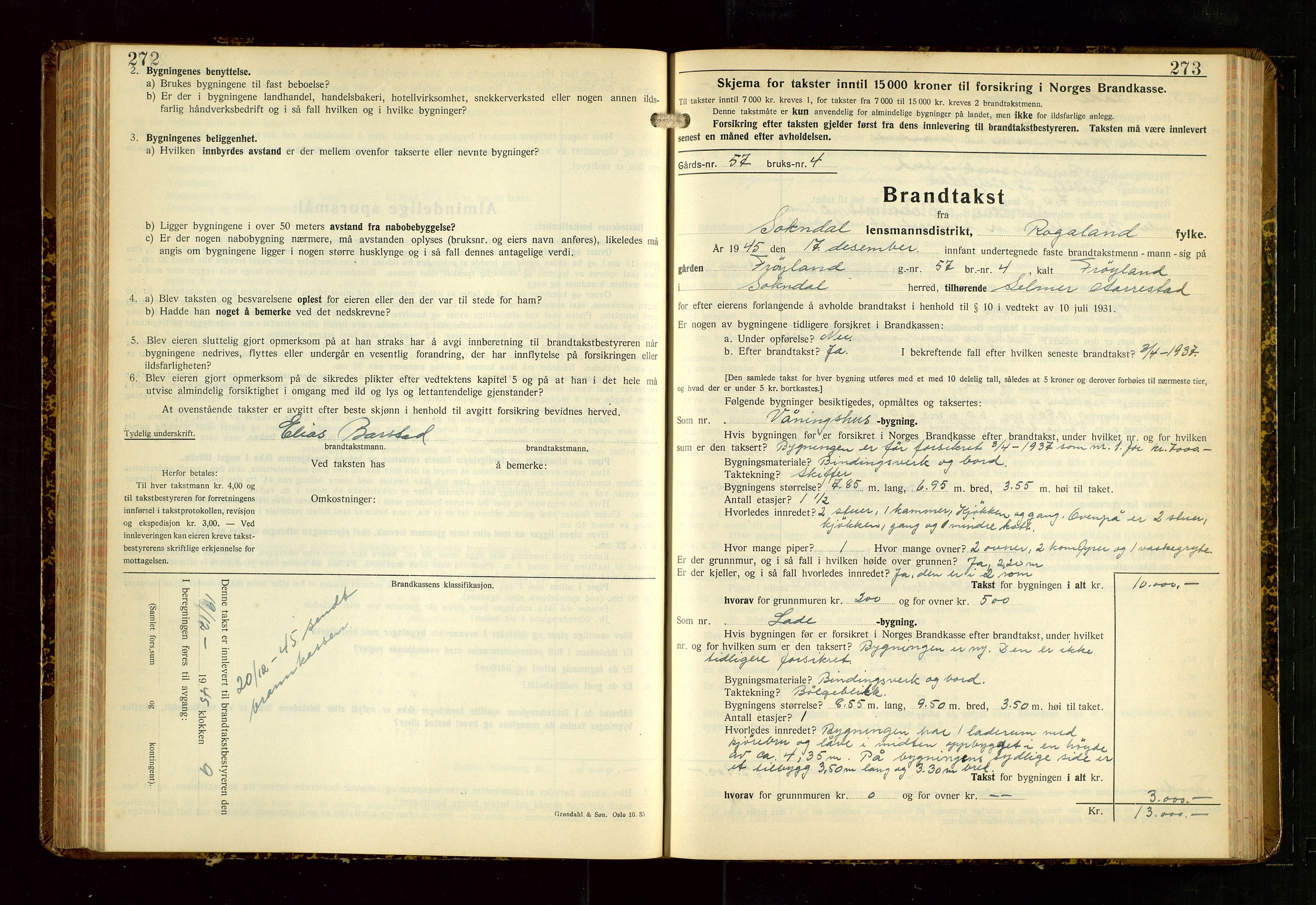 Sokndal lensmannskontor, AV/SAST-A-100417/Gob/L0008: "Brandtakst-Protokoll", 1937-1955, s. 272-273