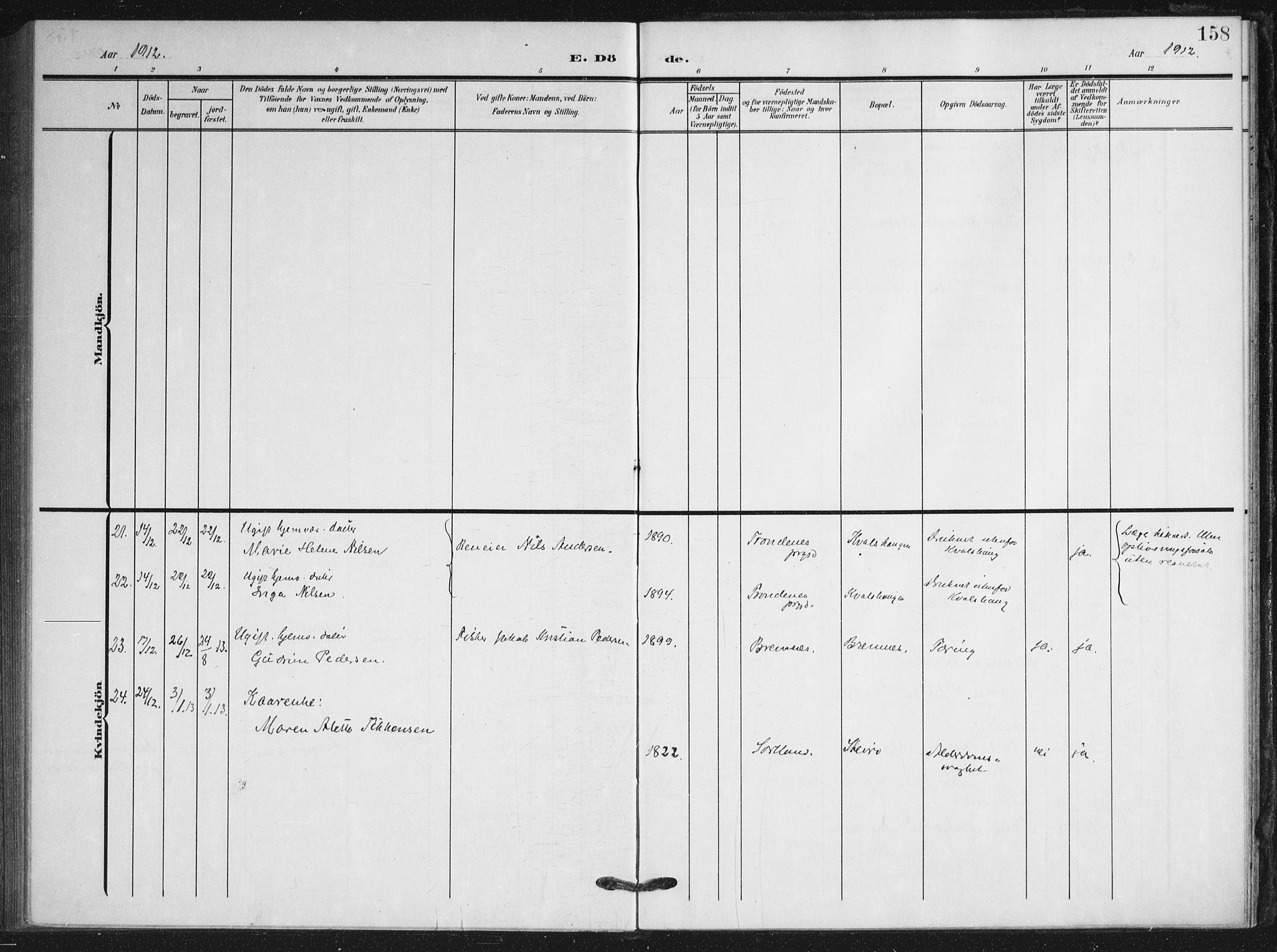 Ministerialprotokoller, klokkerbøker og fødselsregistre - Nordland, AV/SAT-A-1459/895/L1373: Ministerialbok nr. 895A08, 1905-1915, s. 158