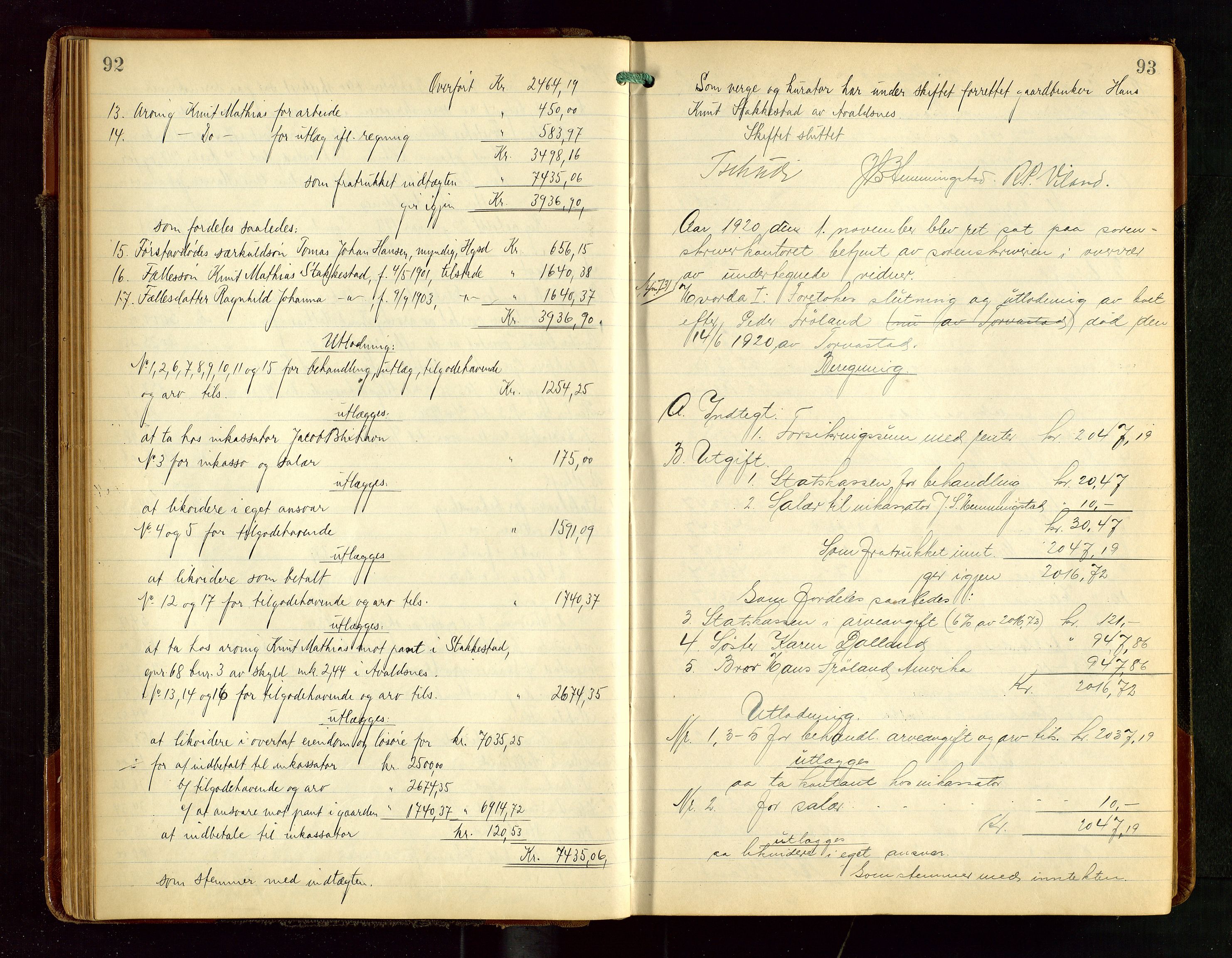 Karmsund sorenskriveri, AV/SAST-A-100311/01/IV/IVGB/L0003: SKIFTEUTLODNINGSPROTOKOLL, 1919-1925, s. 92-93