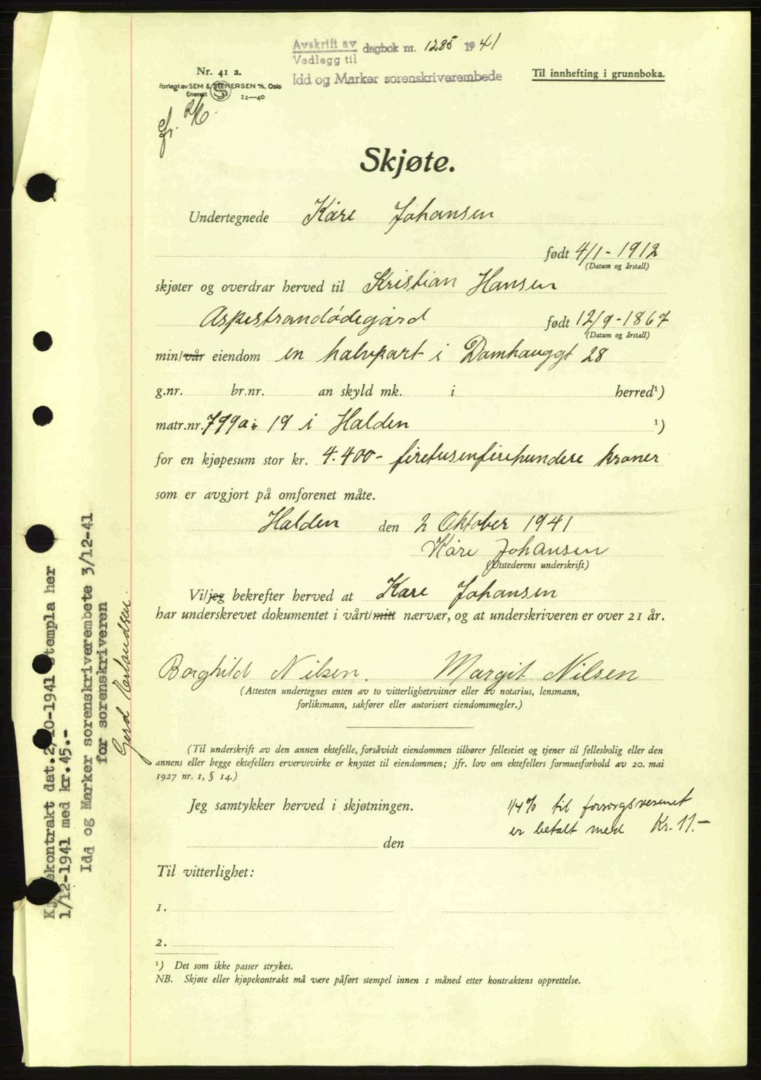 Idd og Marker sorenskriveri, AV/SAO-A-10283/G/Gb/Gbb/L0004: Pantebok nr. A4, 1940-1941, Dagboknr: 1285/1941