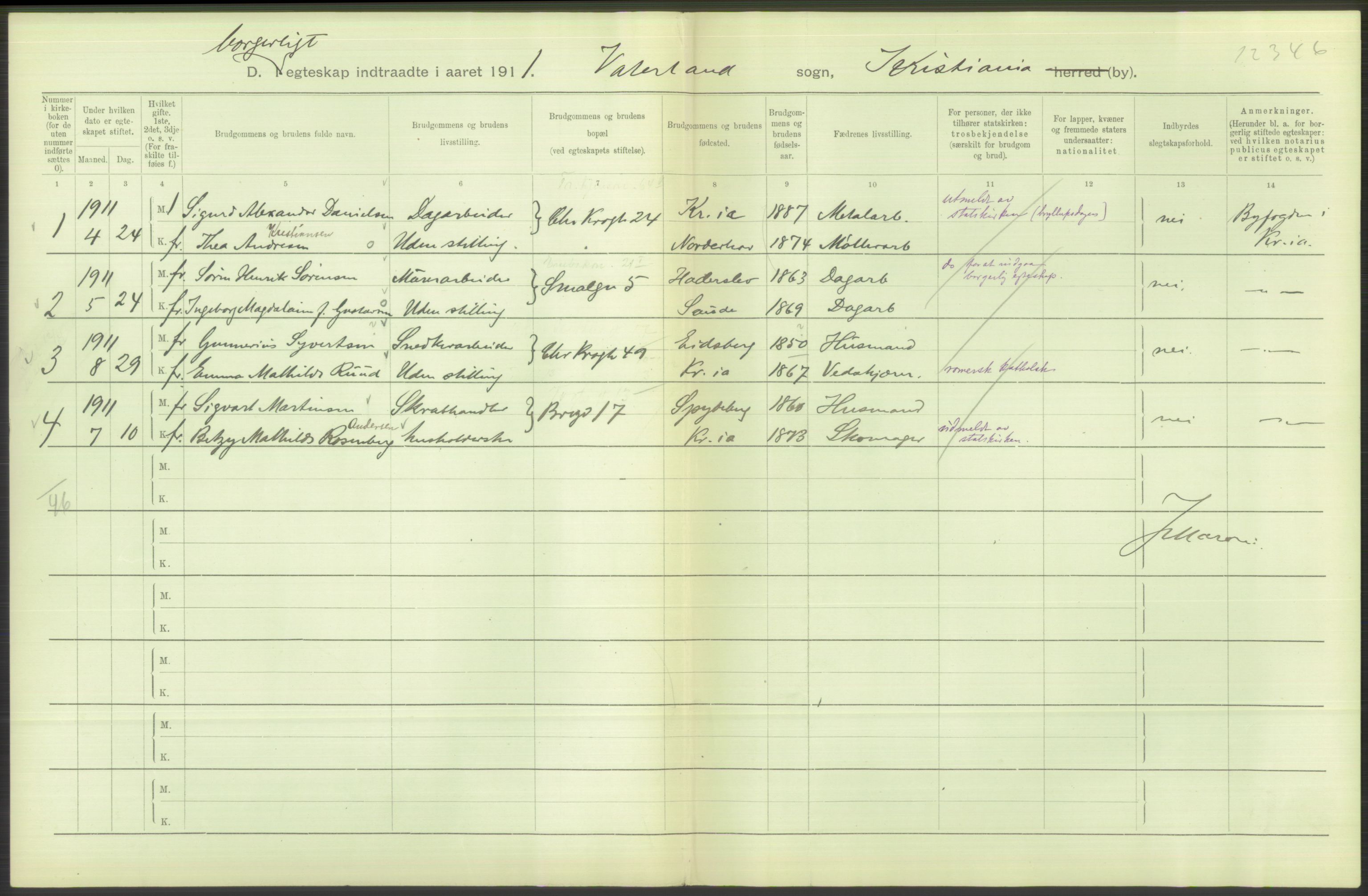 Statistisk sentralbyrå, Sosiodemografiske emner, Befolkning, AV/RA-S-2228/D/Df/Dfb/Dfba/L0008: Kristiania: Gifte, 1911, s. 720