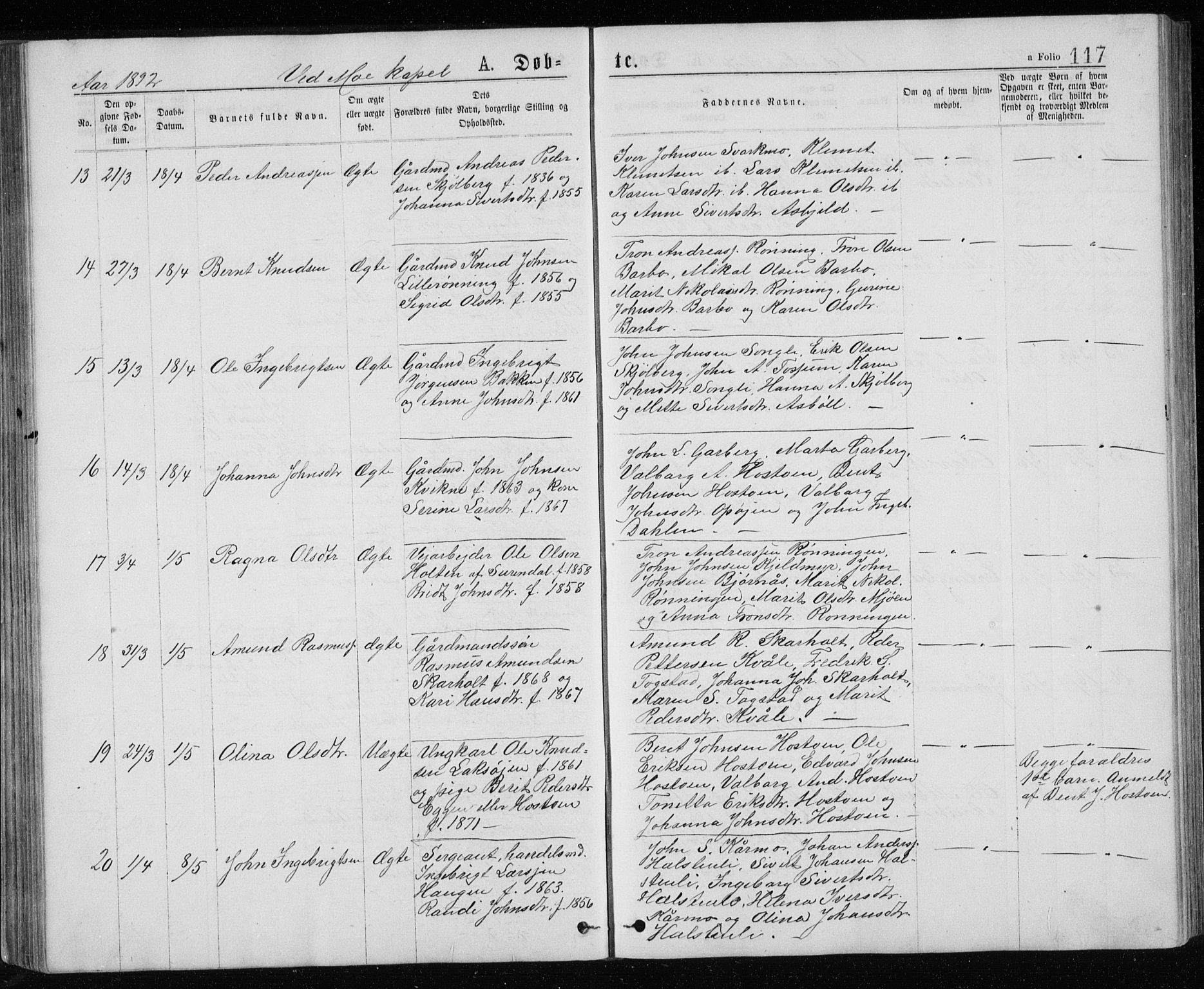 Ministerialprotokoller, klokkerbøker og fødselsregistre - Sør-Trøndelag, SAT/A-1456/671/L0843: Klokkerbok nr. 671C02, 1873-1892, s. 117