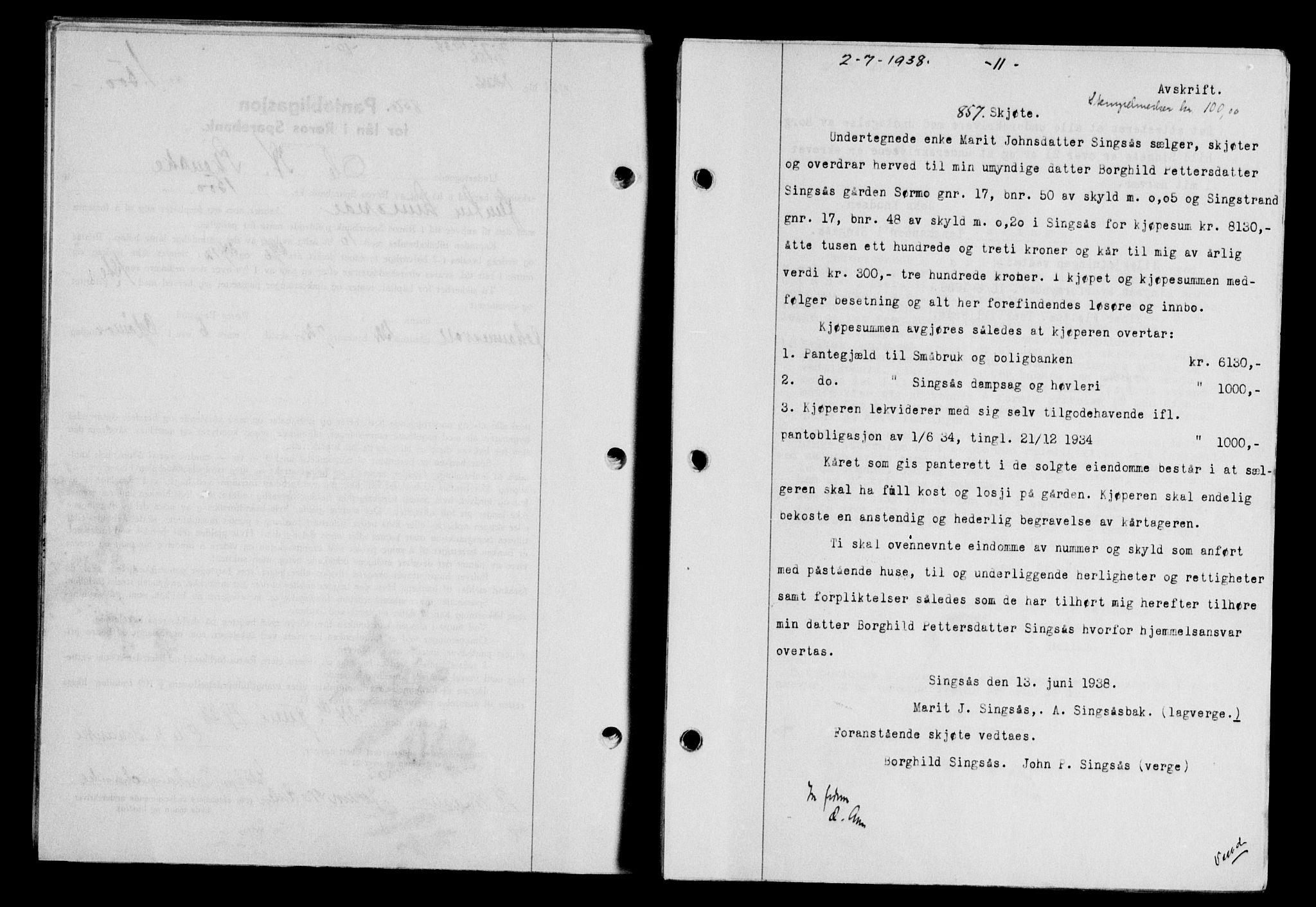 Gauldal sorenskriveri, SAT/A-0014/1/2/2C/L0049: Pantebok nr. 53, 1938-1938, Dagboknr: 857/1938