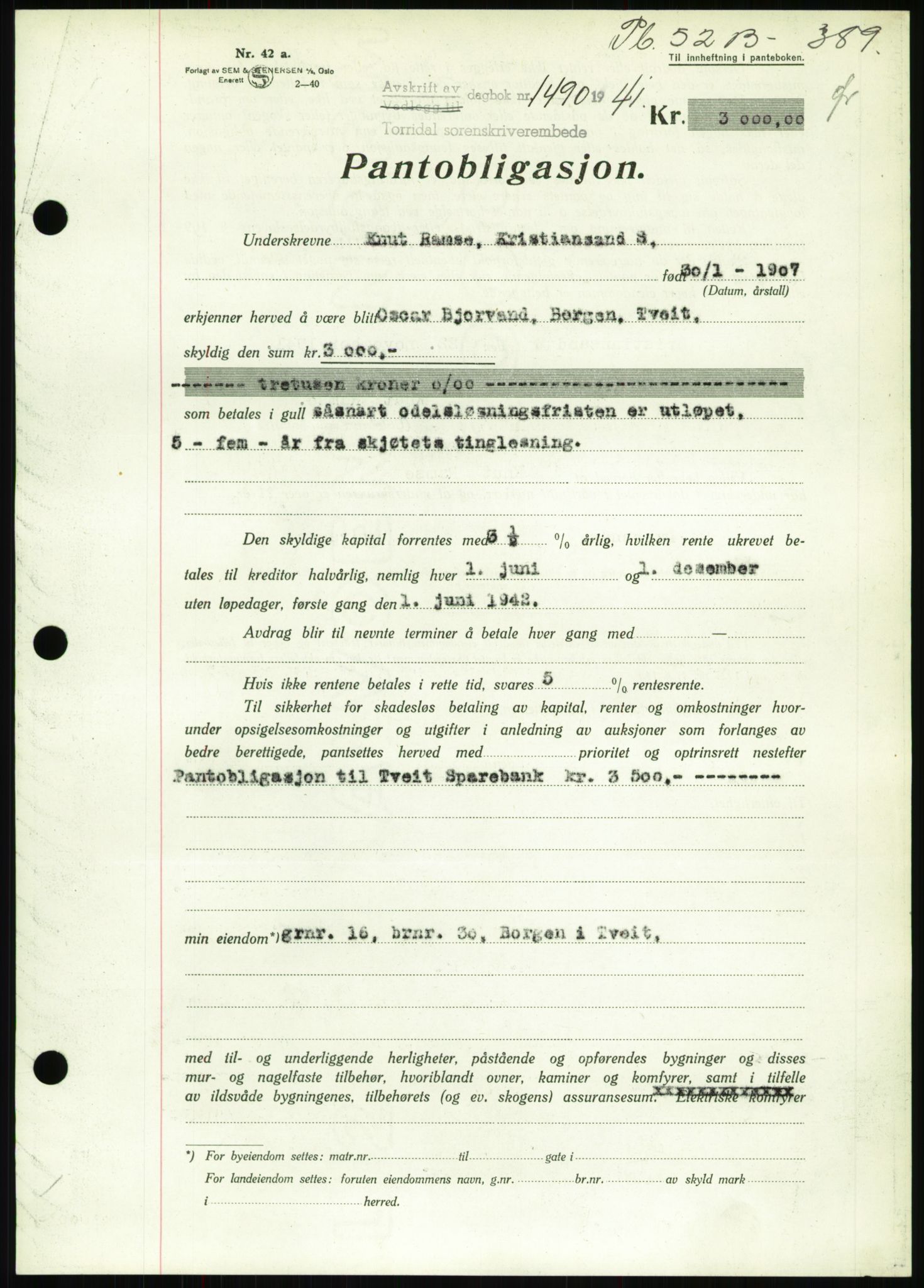 Torridal sorenskriveri, SAK/1221-0012/G/Gb/Gbb/L0008: Pantebok nr. 52b, 1940-1942, Dagboknr: 1490/1941