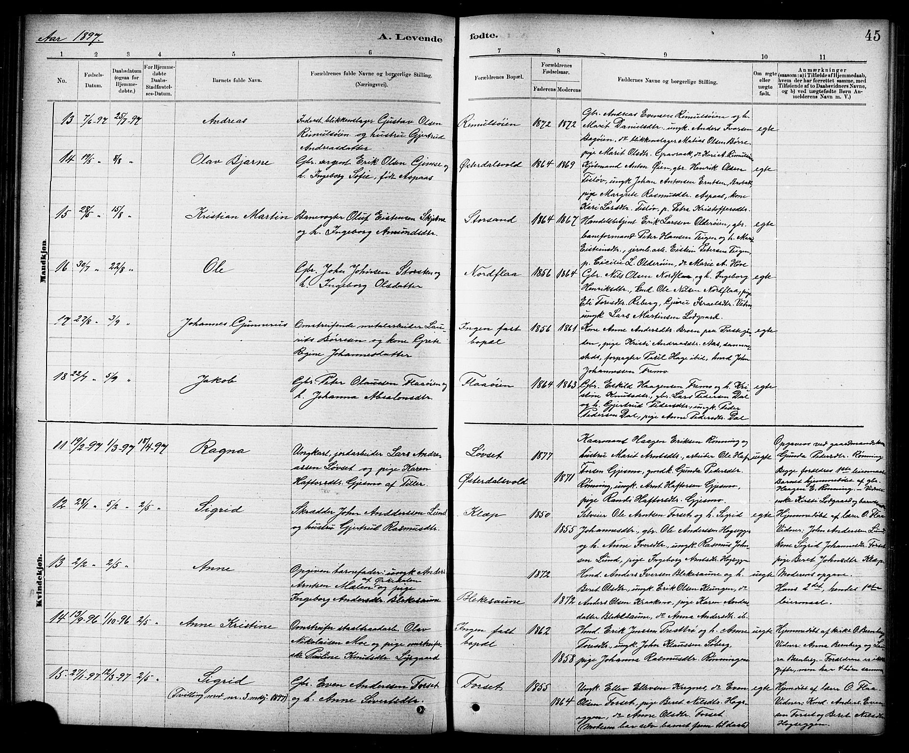 Ministerialprotokoller, klokkerbøker og fødselsregistre - Sør-Trøndelag, AV/SAT-A-1456/691/L1094: Klokkerbok nr. 691C05, 1879-1911, s. 45