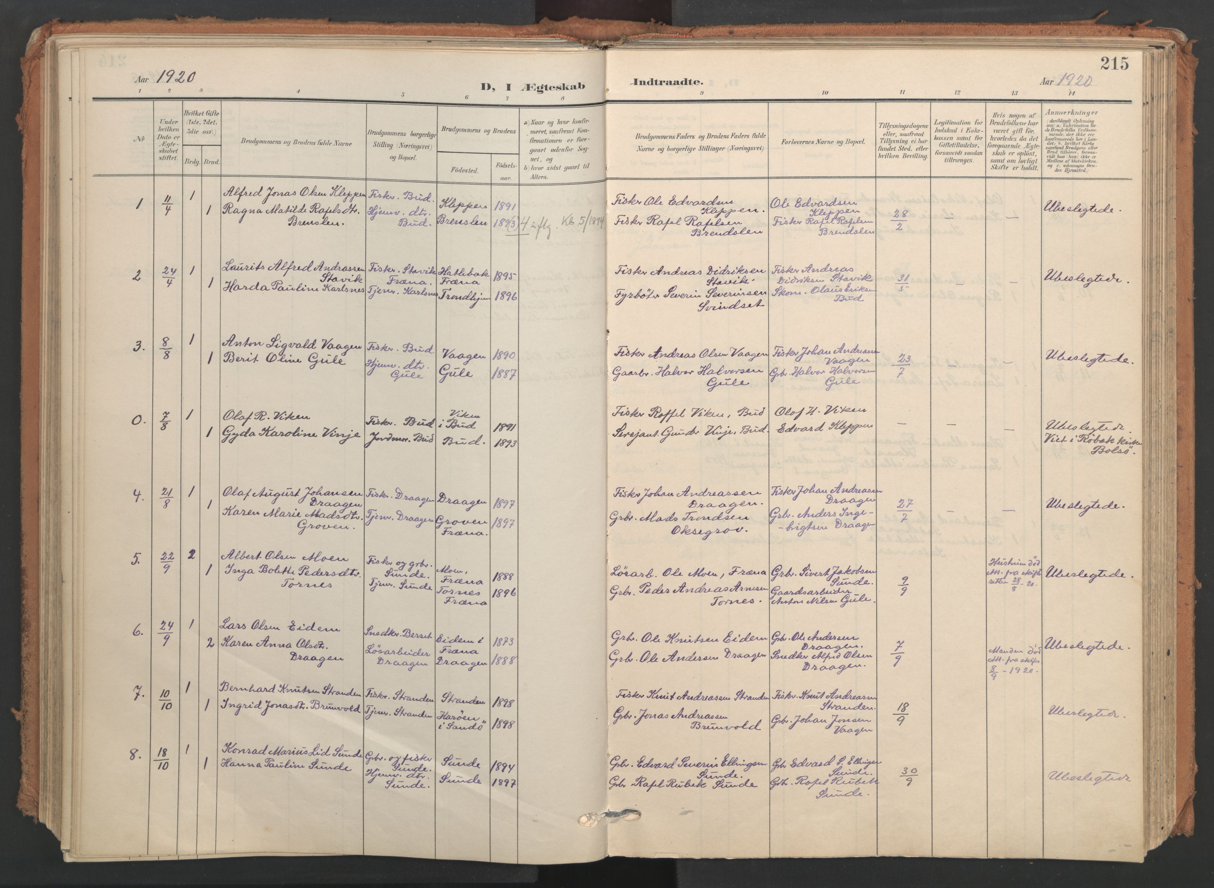 Ministerialprotokoller, klokkerbøker og fødselsregistre - Møre og Romsdal, AV/SAT-A-1454/566/L0771: Ministerialbok nr. 566A10, 1904-1929, s. 215