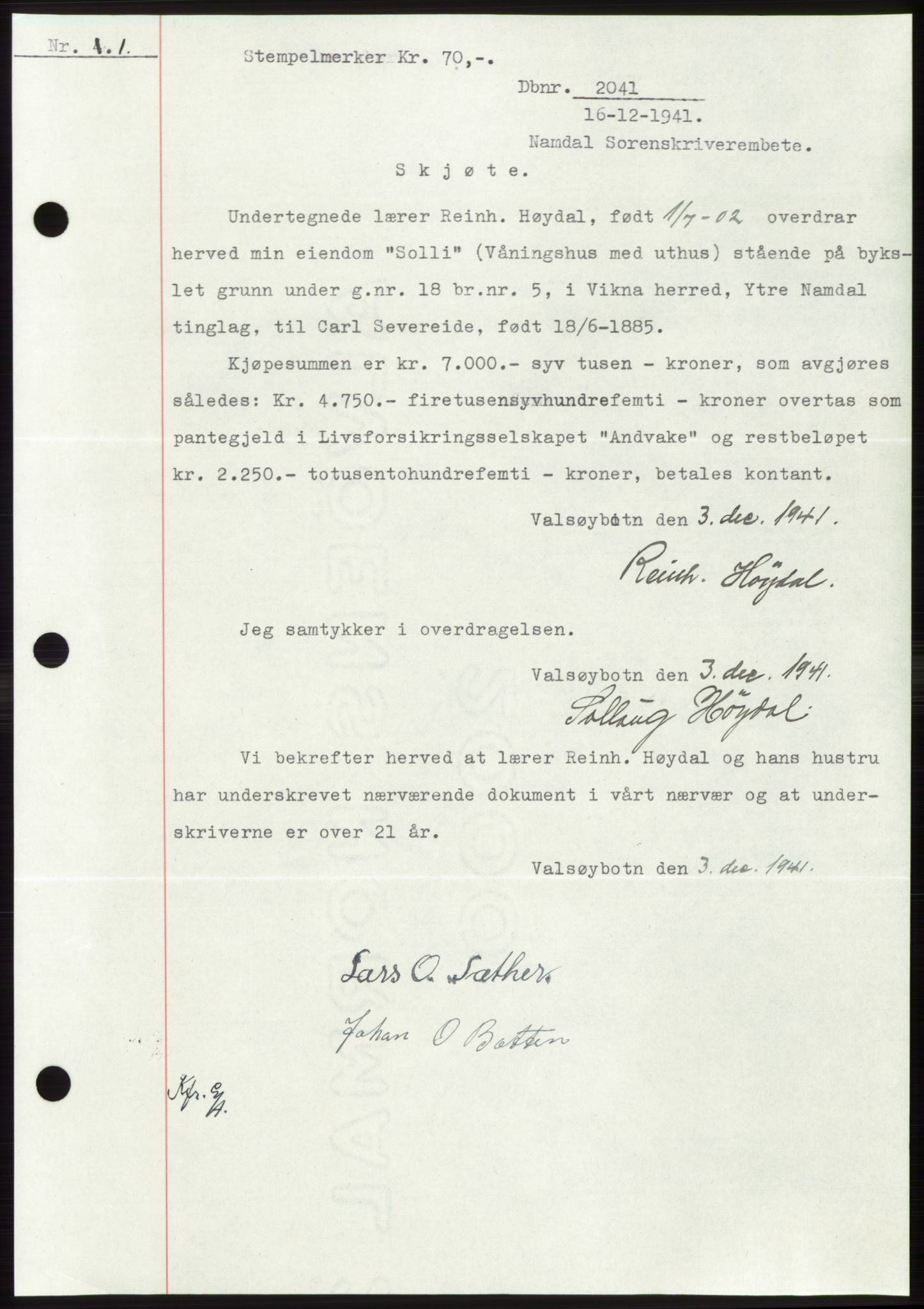 Namdal sorenskriveri, SAT/A-4133/1/2/2C: Pantebok nr. -, 1941-1942, Dagboknr: 2041/1941