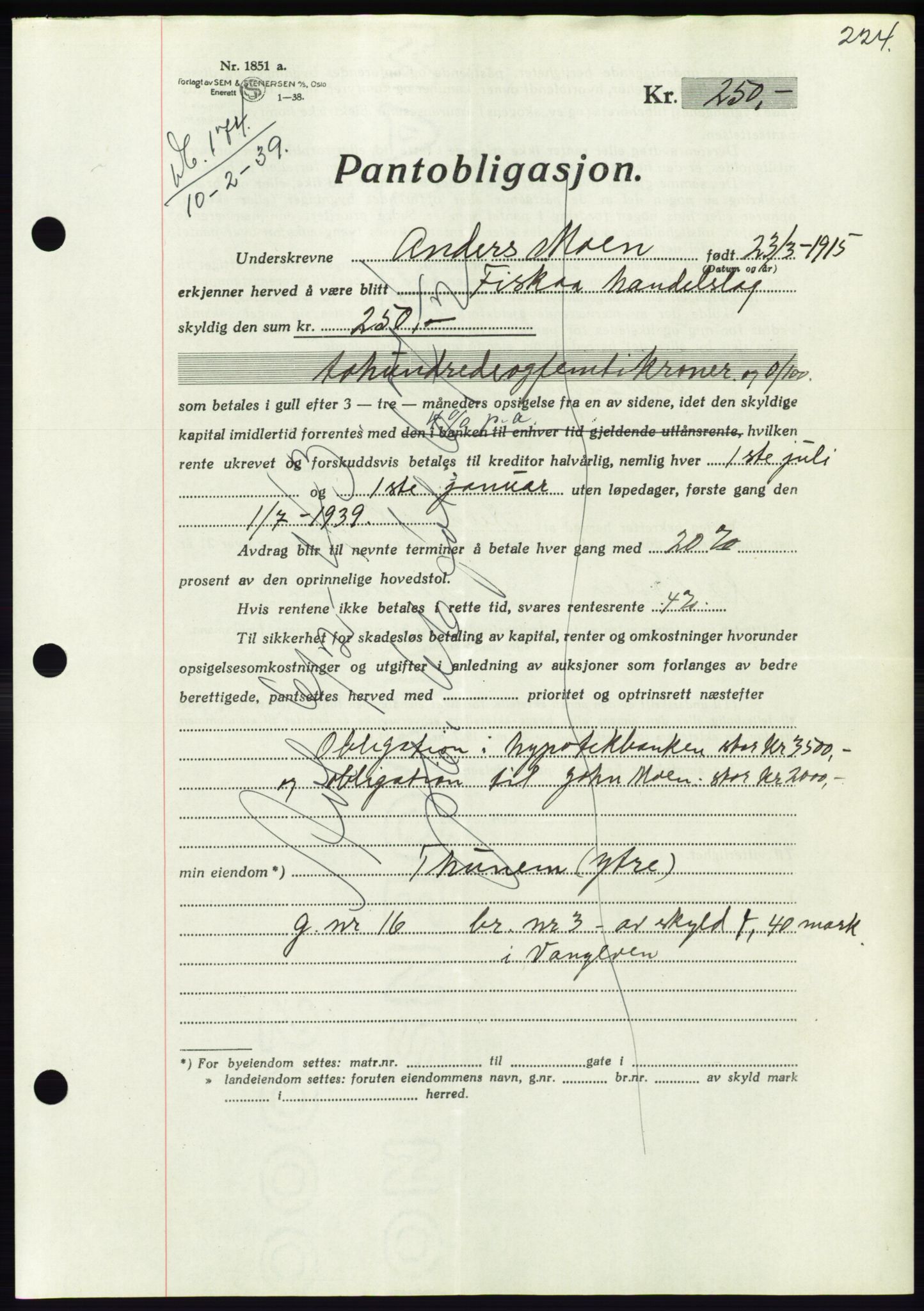 Søre Sunnmøre sorenskriveri, AV/SAT-A-4122/1/2/2C/L0067: Pantebok nr. 61, 1938-1939, Dagboknr: 174/1939