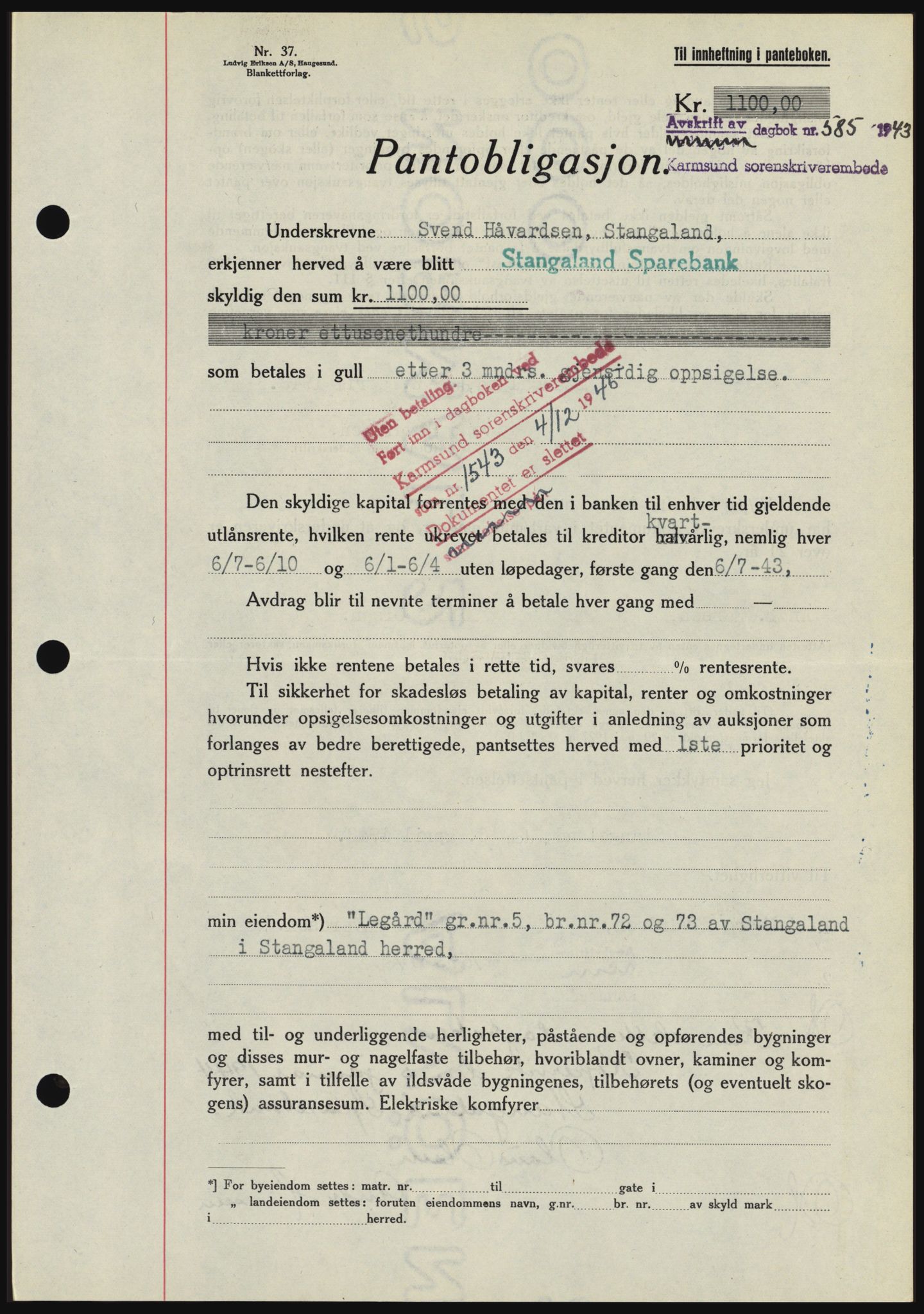 Karmsund sorenskriveri, SAST/A-100311/01/II/IIBBE/L0008: Pantebok nr. B 54, 1942-1943, Dagboknr: 585/1943