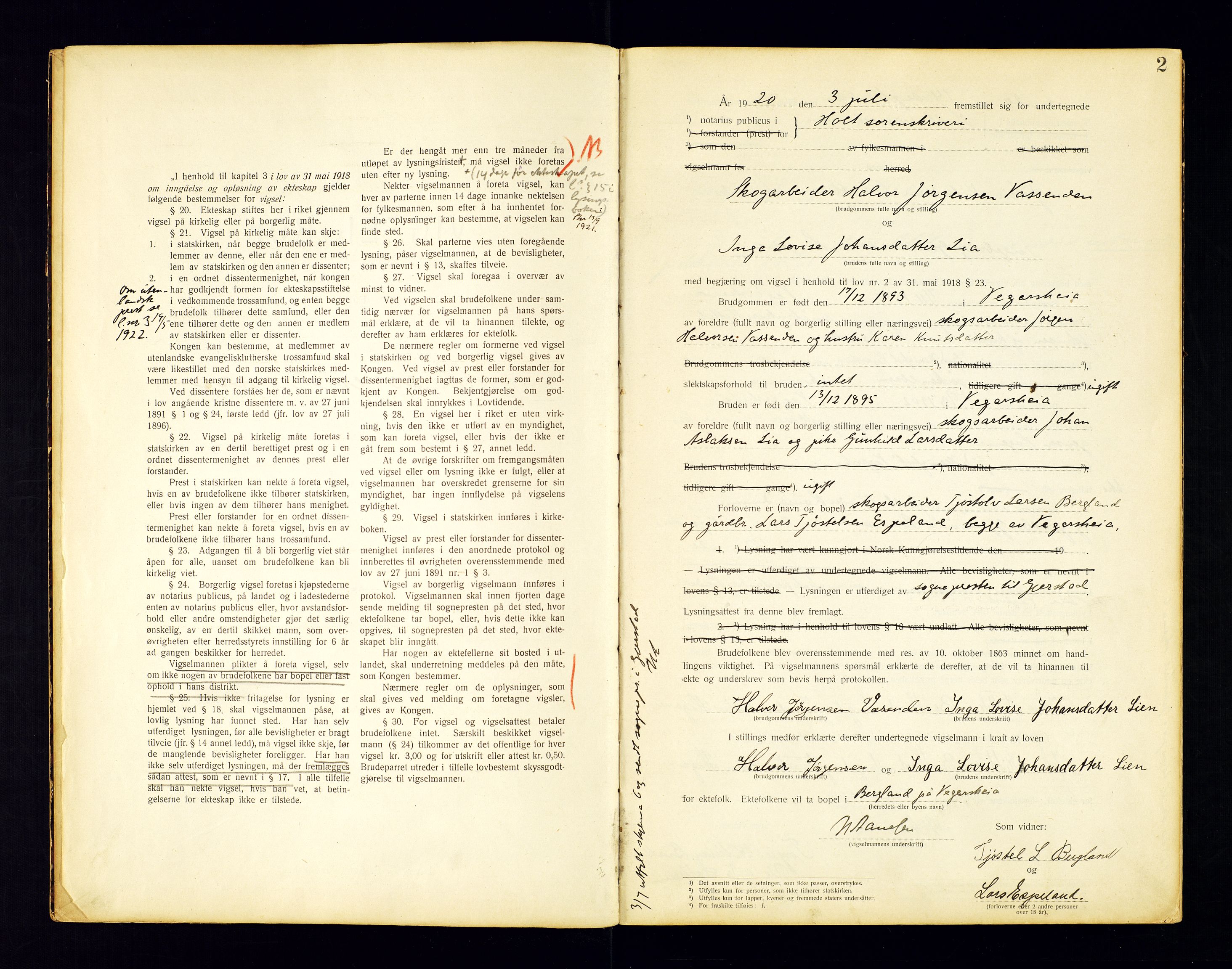 Holt sorenskriveri, SAK/1221-0002/L/Ld/L0002: Vigselbok nr. 1, 1920-1944, s. 2