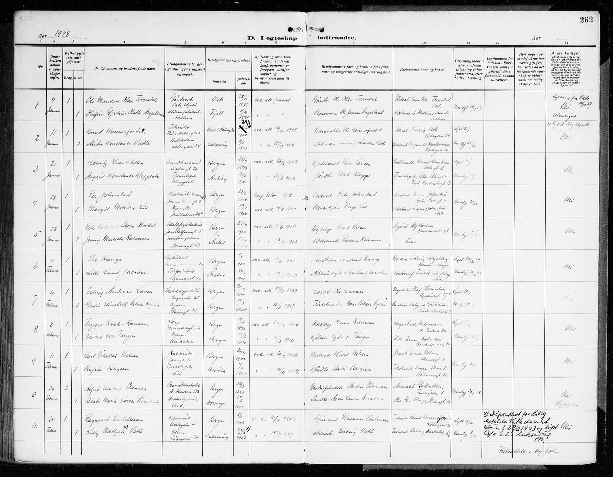 Årstad Sokneprestembete, AV/SAB-A-79301/H/Haa/L0004: Ministerialbok nr. A 4, 1919-1928, s. 262