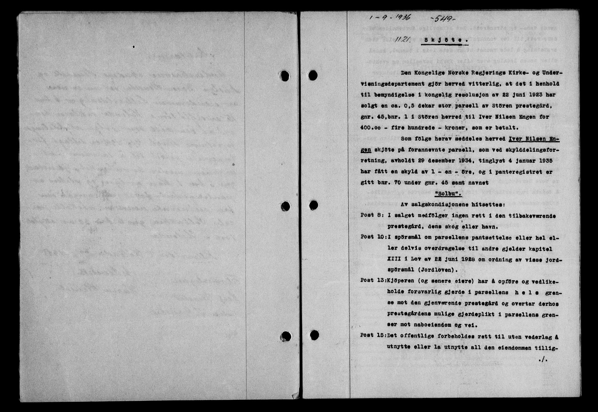 Gauldal sorenskriveri, SAT/A-0014/1/2/2C/L0046: Pantebok nr. 49-50, 1936-1937, Dagboknr: 1121/1936