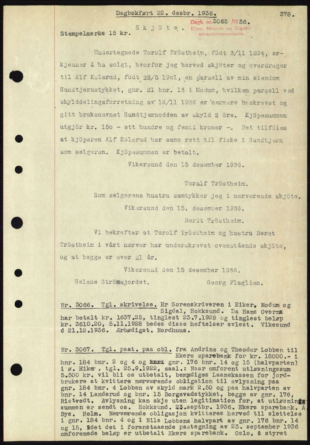 Eiker, Modum og Sigdal sorenskriveri, SAKO/A-123/G/Ga/Gab/L0034: Pantebok nr. A4, 1936-1937, Dagboknr: 3065/1936