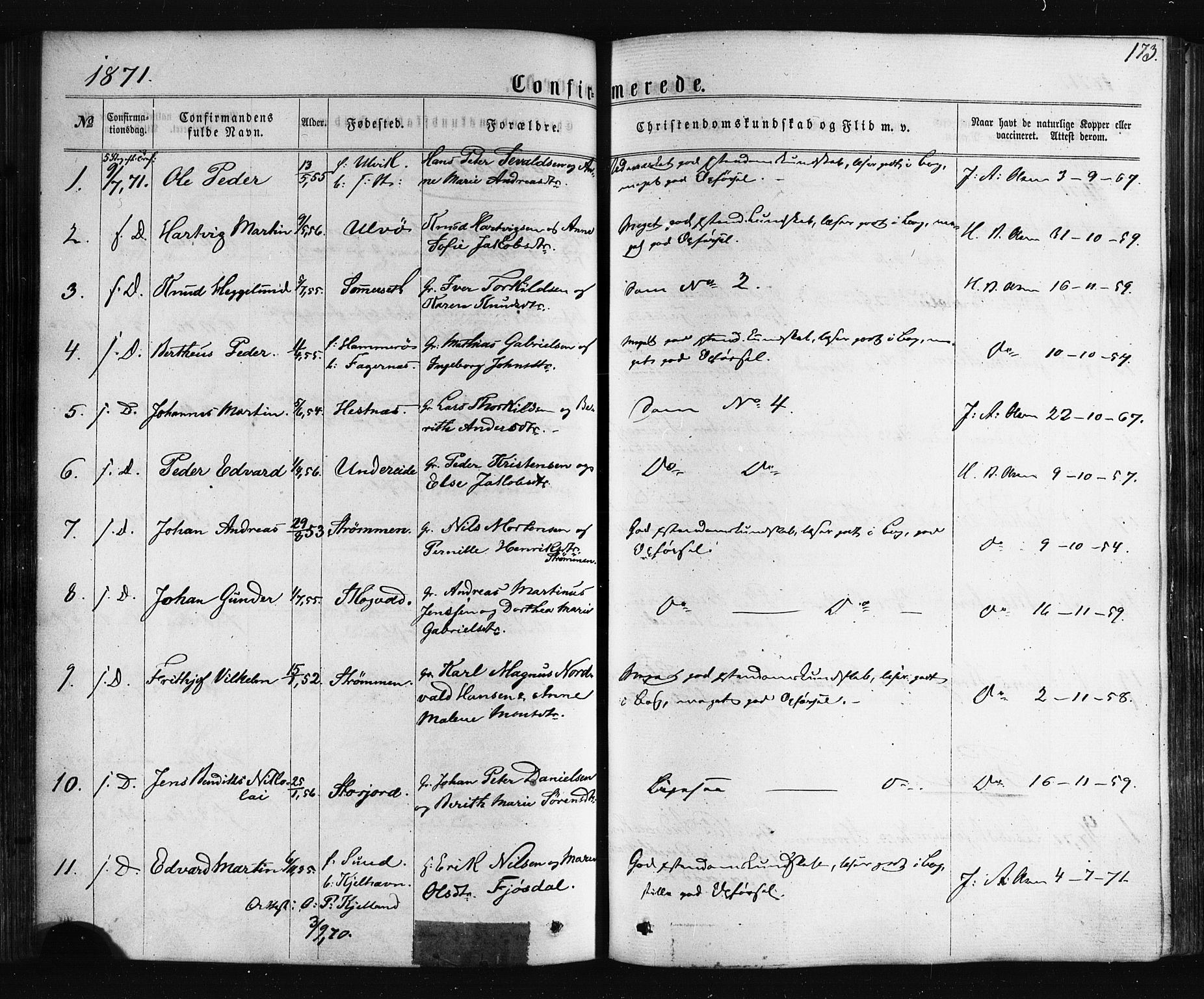 Ministerialprotokoller, klokkerbøker og fødselsregistre - Nordland, AV/SAT-A-1459/861/L0867: Ministerialbok nr. 861A02, 1864-1878, s. 173