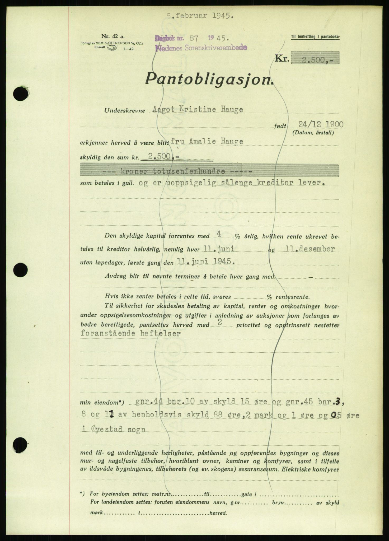 Nedenes sorenskriveri, SAK/1221-0006/G/Gb/Gbb/L0002: Pantebok nr. II, 1942-1945, Dagboknr: 87/1945