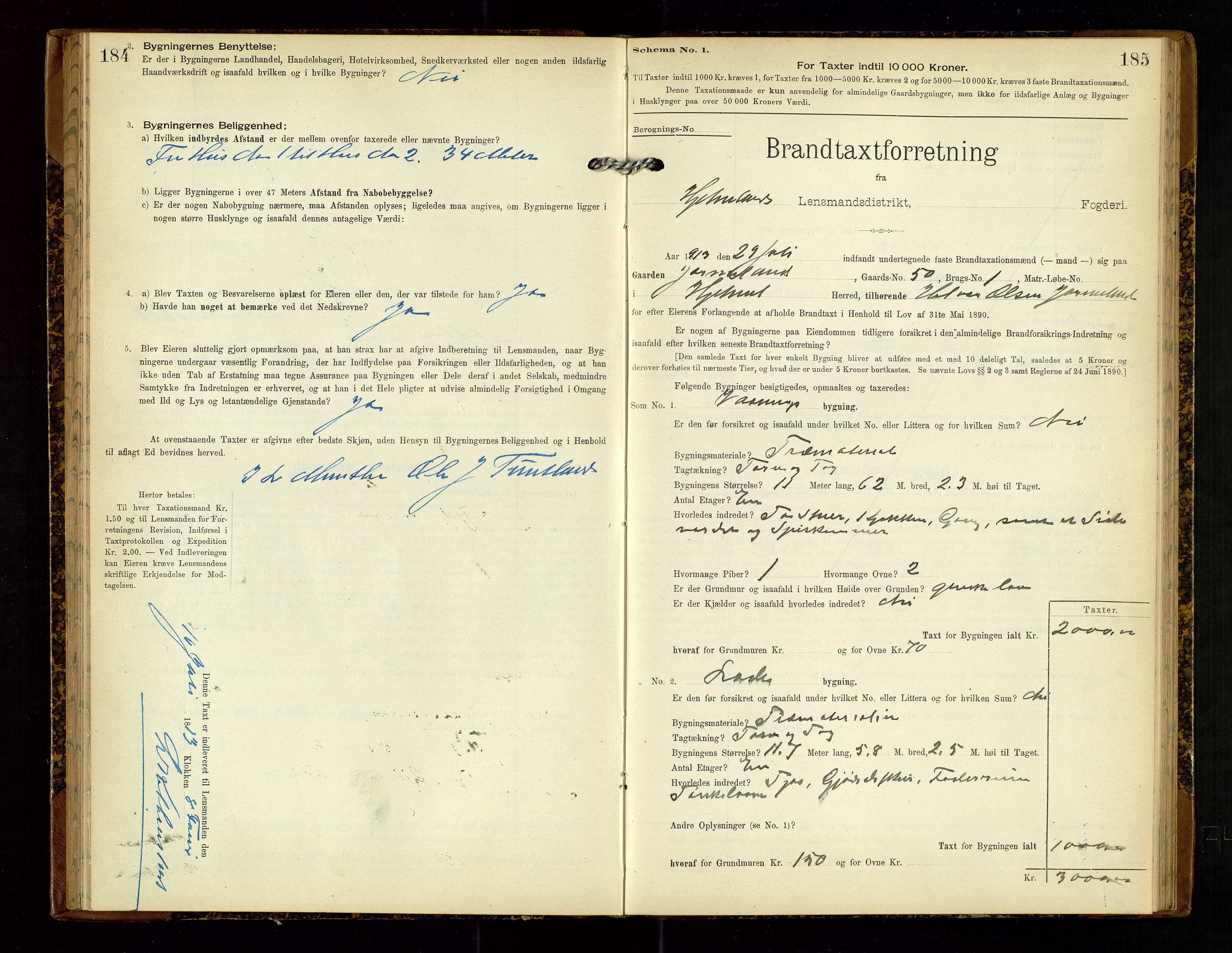 Hjelmeland lensmannskontor, AV/SAST-A-100439/Gob/L0002: "Brandtaxationsprotokol", 1904-1920, s. 184-185