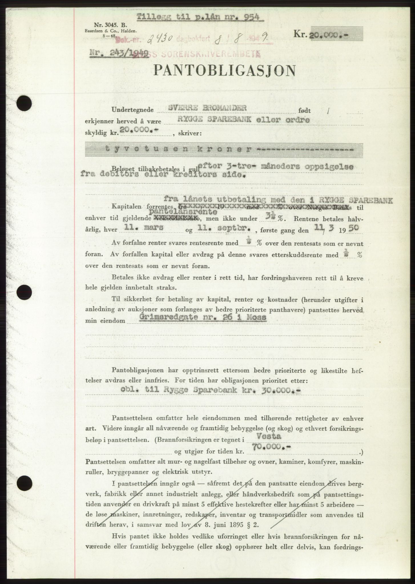 Moss sorenskriveri, SAO/A-10168: Pantebok nr. B22, 1949-1949, Dagboknr: 2430/1949