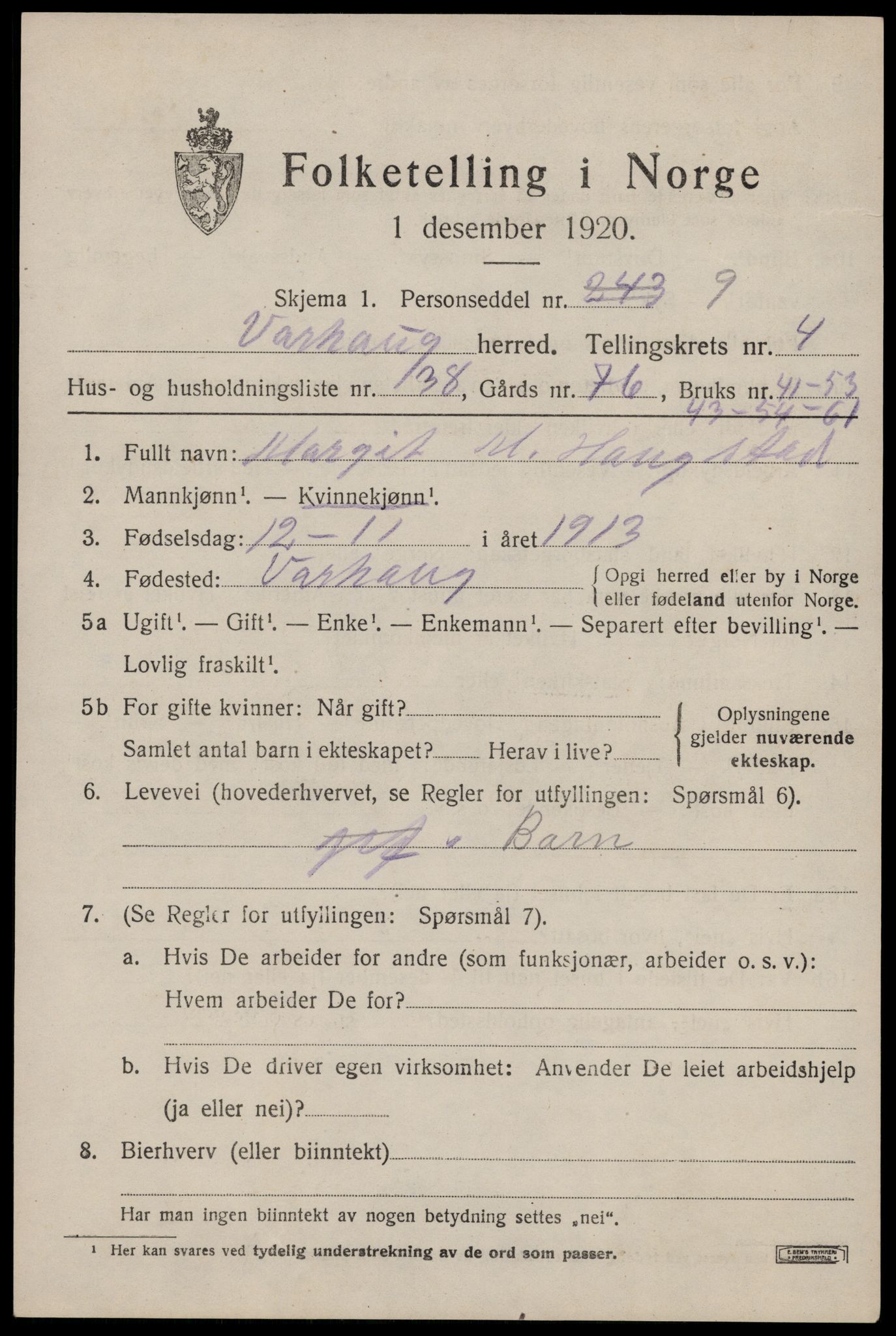 SAST, Folketelling 1920 for 1118 Varhaug herred, 1920, s. 4113