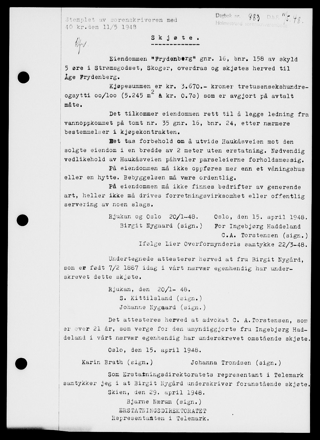 Holmestrand sorenskriveri, SAKO/A-67/G/Ga/Gaa/L0064: Pantebok nr. A-64, 1948-1948, Dagboknr: 883/1948