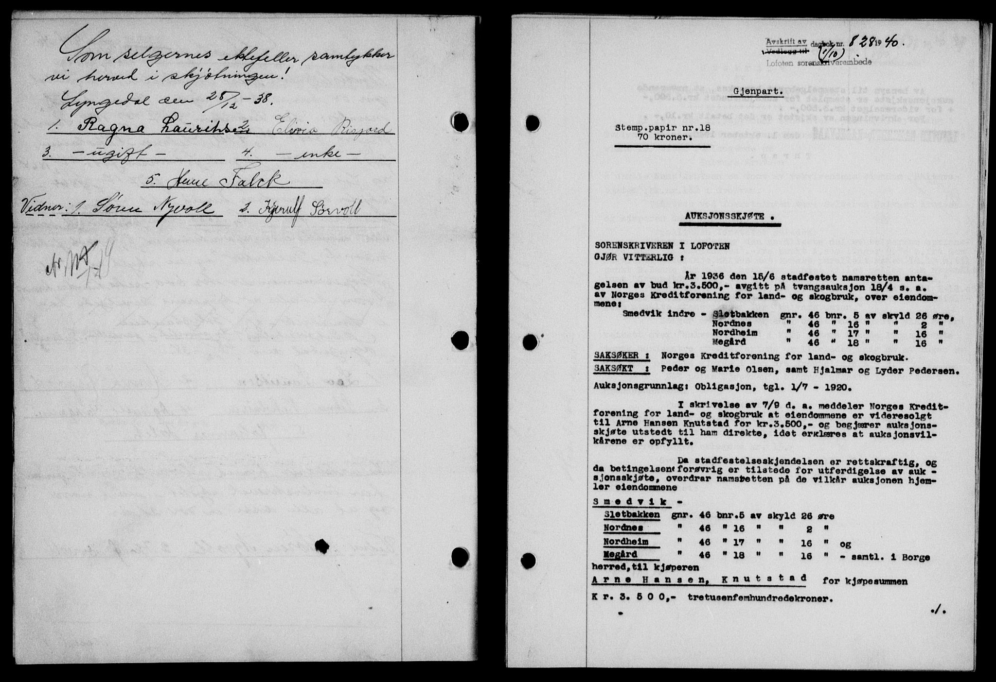 Lofoten sorenskriveri, SAT/A-0017/1/2/2C/L0007a: Pantebok nr. 7a, 1939-1940, Dagboknr: 828/1940