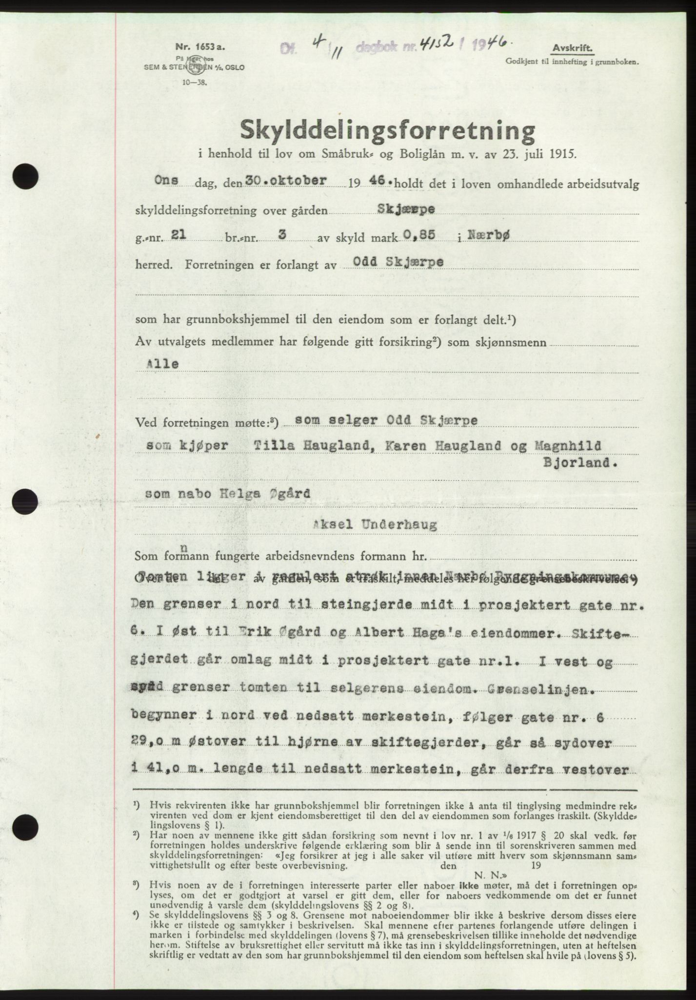 Jæren sorenskriveri, SAST/A-100310/03/G/Gba/L0092: Pantebok, 1946-1946, Dagboknr: 4152/1946