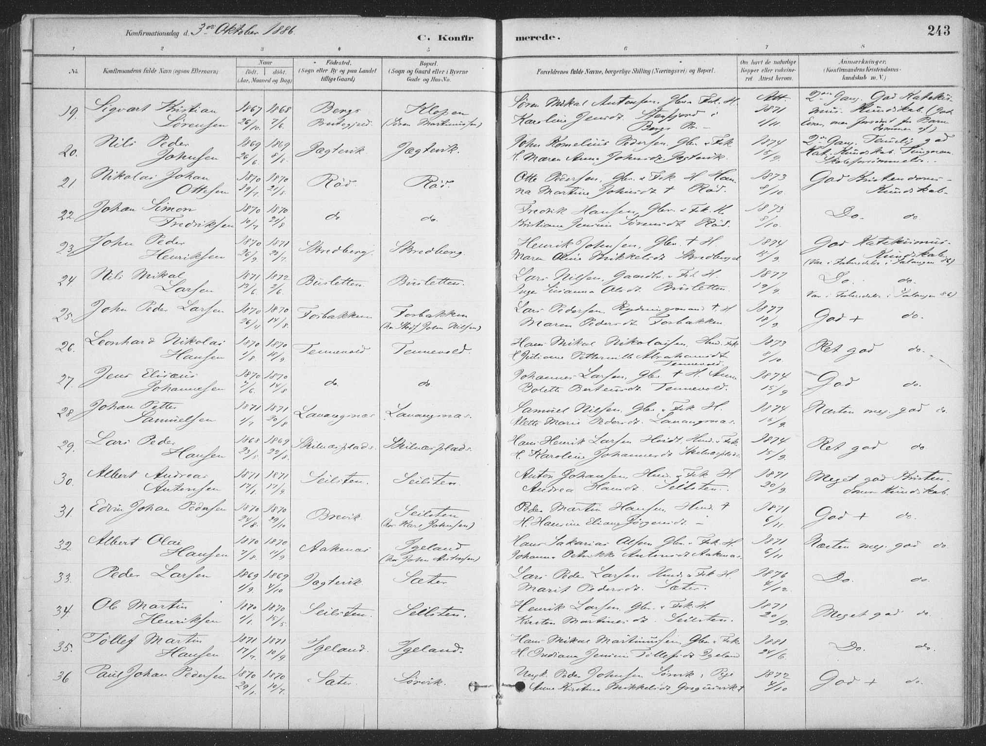 Ibestad sokneprestembete, AV/SATØ-S-0077/H/Ha/Haa/L0011kirke: Ministerialbok nr. 11, 1880-1889, s. 243
