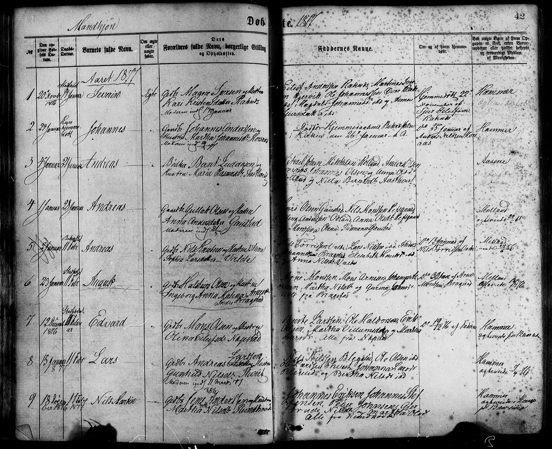 Hamre sokneprestembete, AV/SAB-A-75501/H/Ha/Haa/Haaa/L0015: Ministerialbok nr. A 15, 1870-1881, s. 42