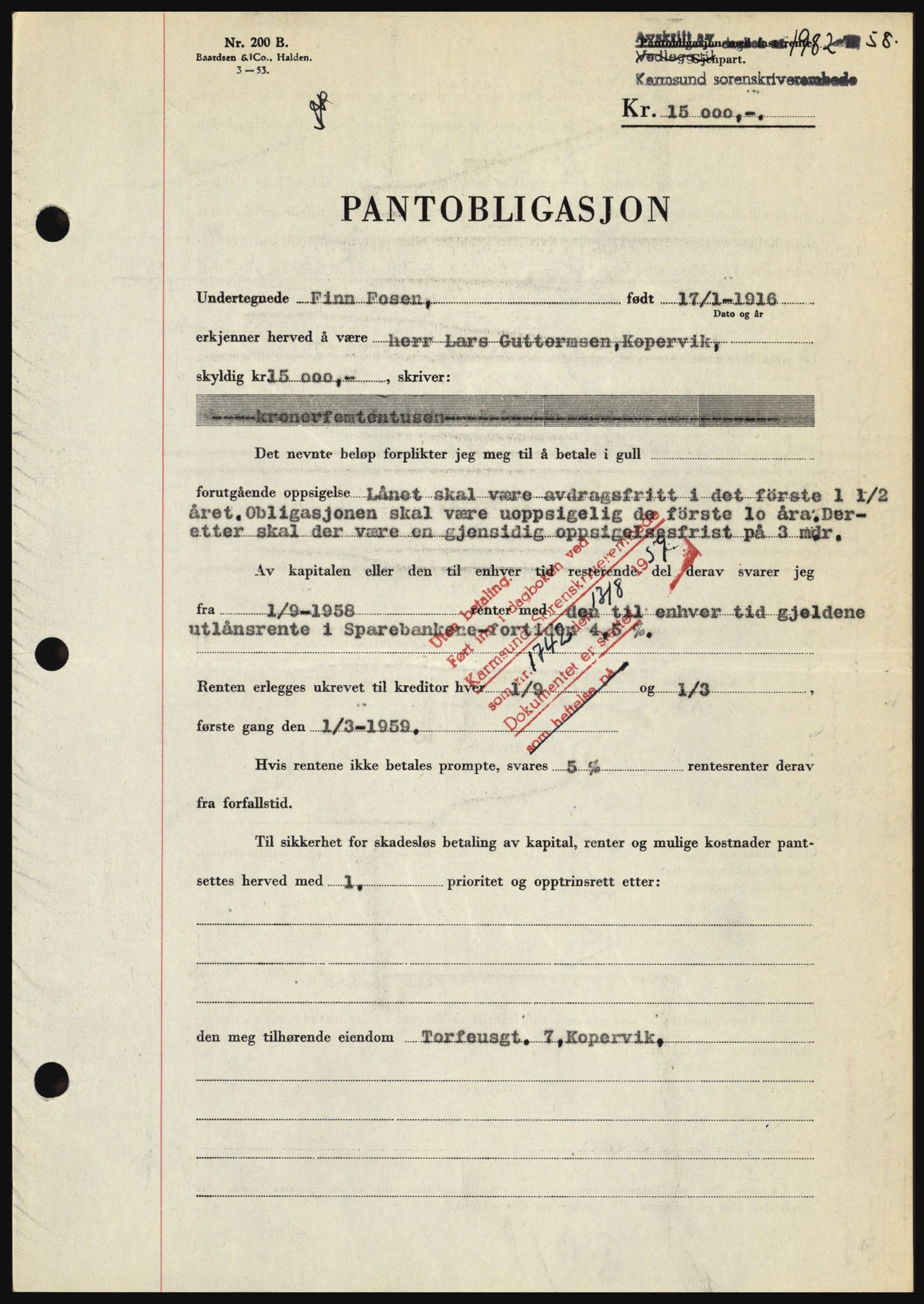 Karmsund sorenskriveri, AV/SAST-A-100311/01/II/IIBBE/L0041: Pantebok nr. B 87, 1958-1958, Dagboknr: 1982/1958