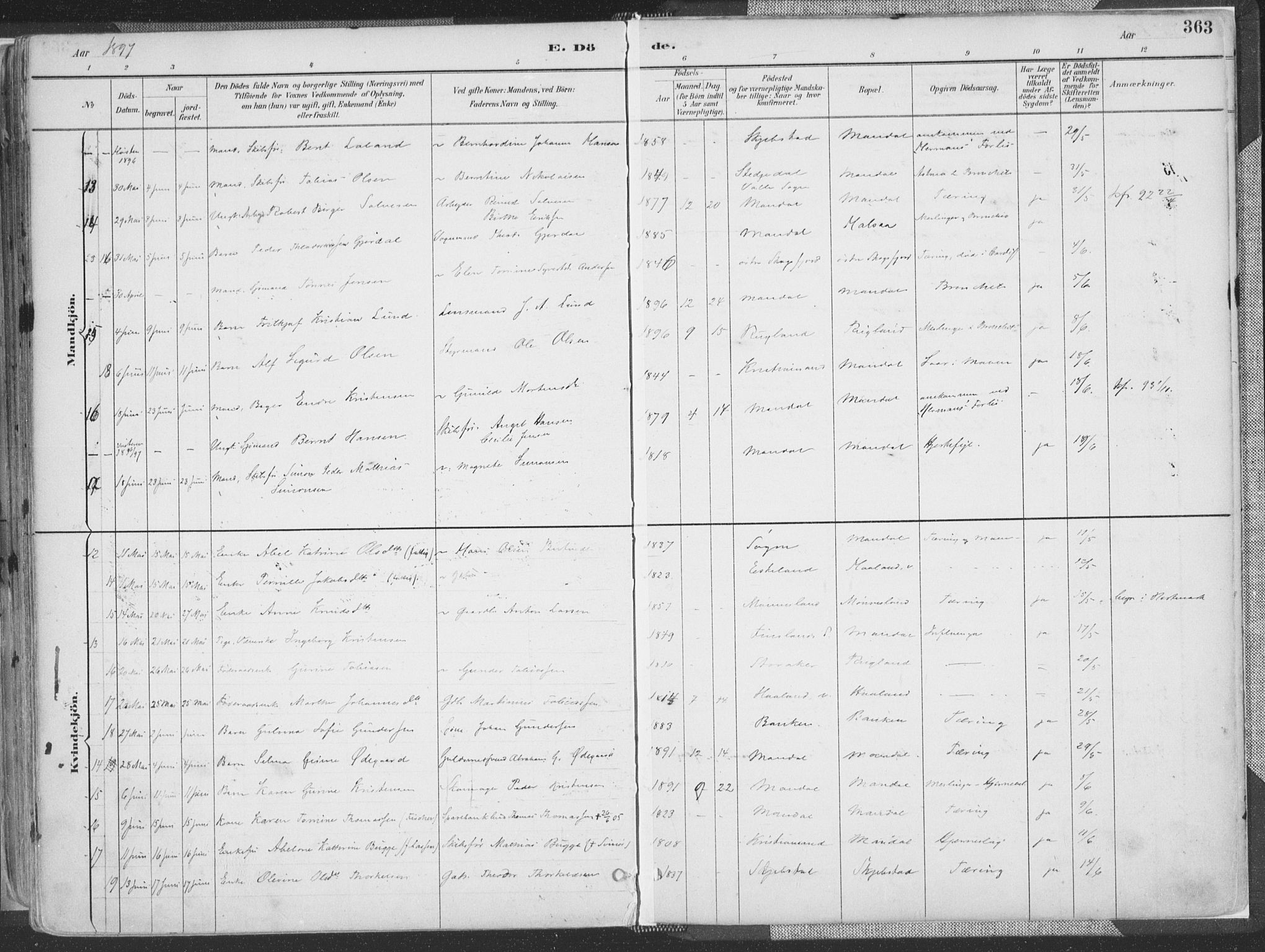 Mandal sokneprestkontor, SAK/1111-0030/F/Fa/Faa/L0018: Ministerialbok nr. A 18, 1890-1905, s. 363