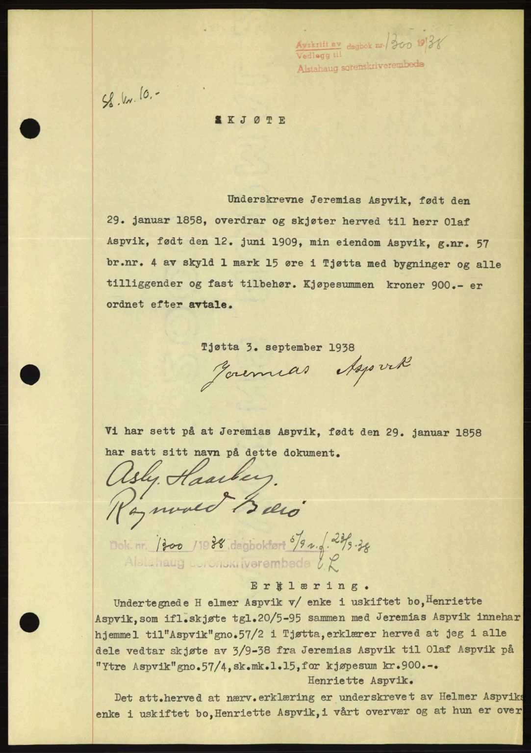 Alstahaug sorenskriveri, SAT/A-1009: Pantebok nr. A3, 1937-1938, Dagboknr: 1300/1938