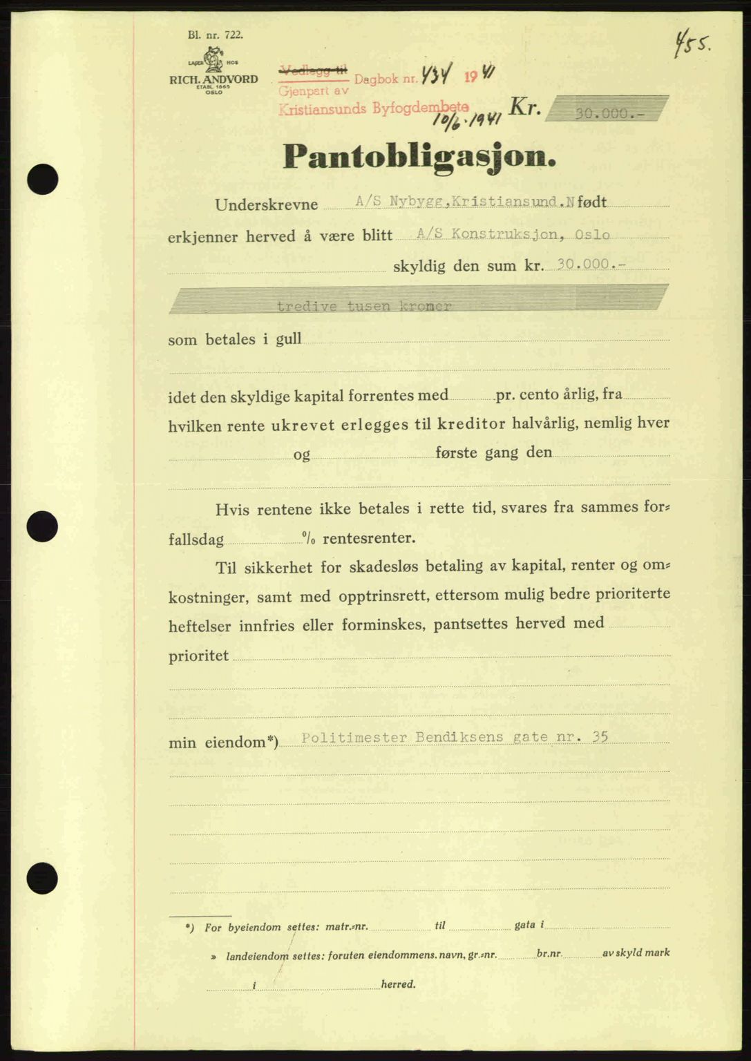 Kristiansund byfogd, SAT/A-4587/A/27: Pantebok nr. 33, 1939-1941, Dagboknr: 434/1941