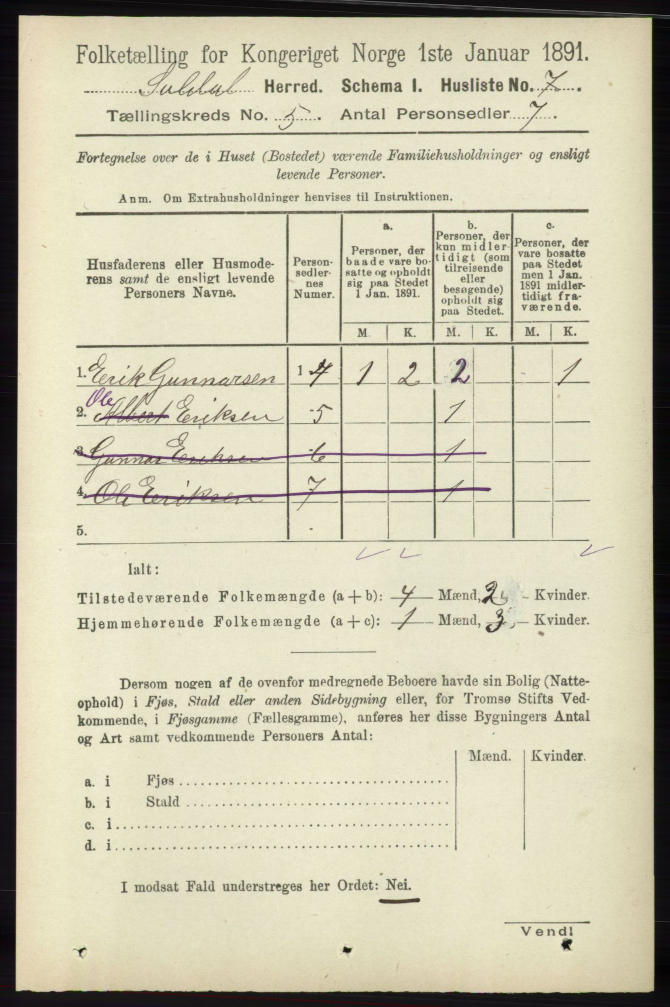 RA, Folketelling 1891 for 1134 Suldal herred, 1891, s. 1450