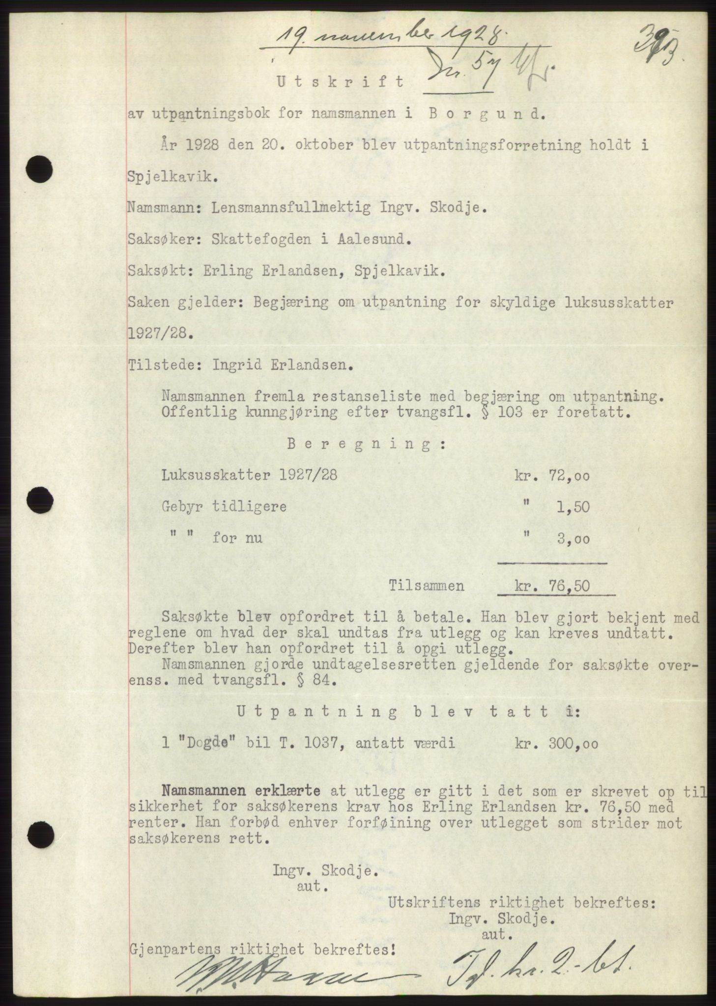 Nordre Sunnmøre sorenskriveri, AV/SAT-A-0006/1/2/2C/2Ca/L0042: Pantebok nr. 42, 1928-1928, Tingl.dato: 19.11.1928