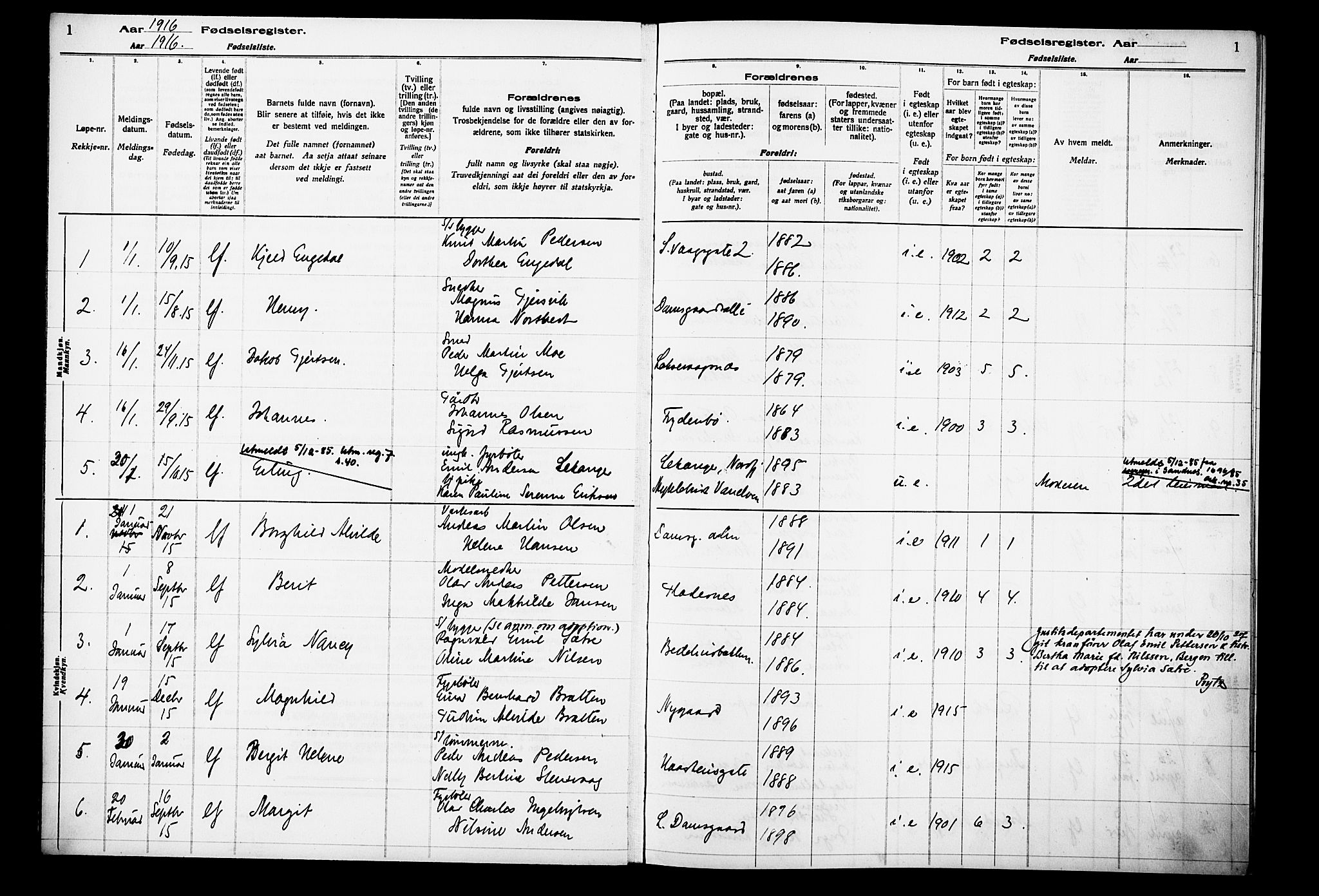 Laksevåg Sokneprestembete, SAB/A-76501/I/Id/L00A1: Fødselsregister nr. A 1, 1916-1926, s. 1