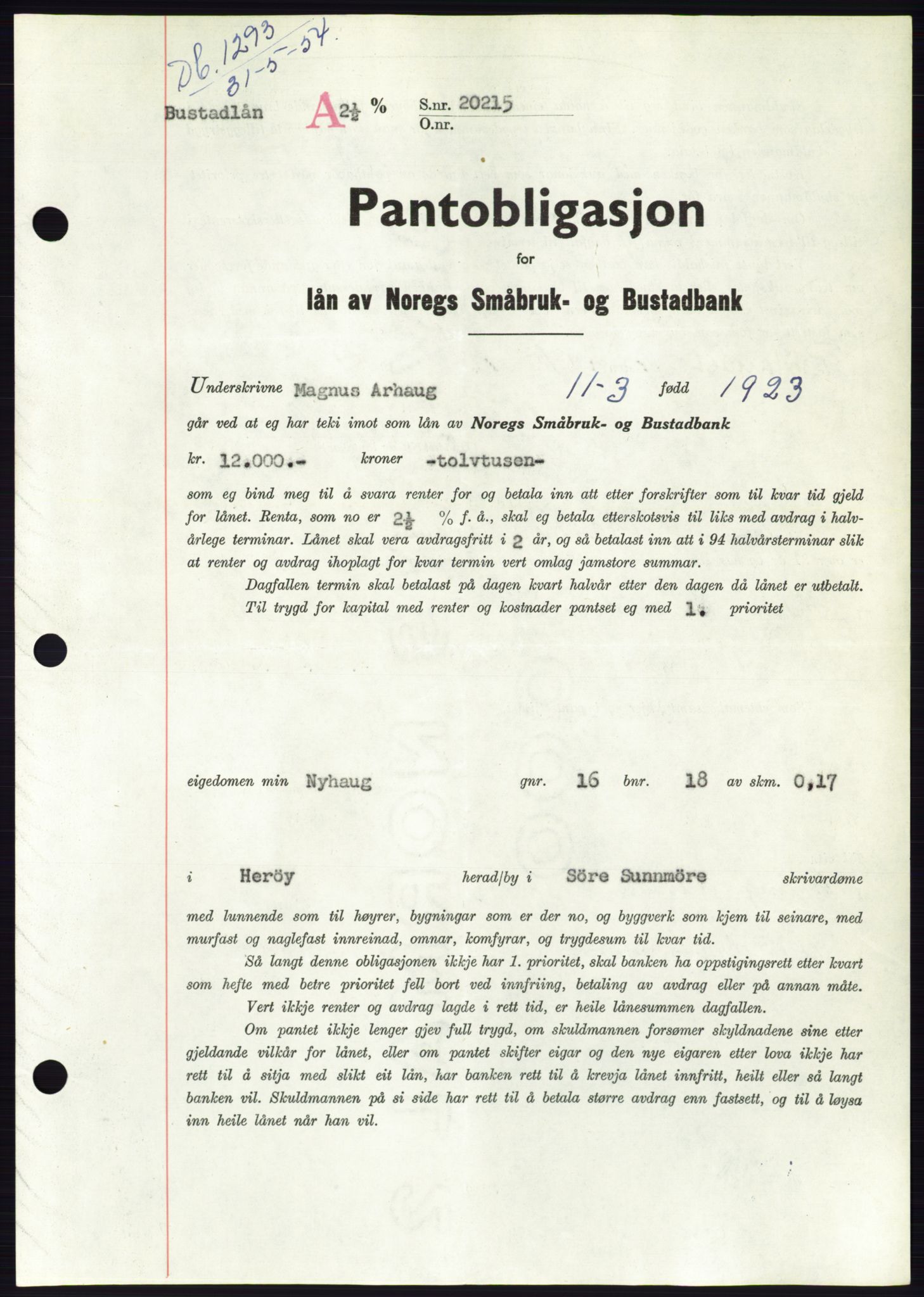 Søre Sunnmøre sorenskriveri, SAT/A-4122/1/2/2C/L0125: Pantebok nr. 13B, 1954-1954, Dagboknr: 1293/1954