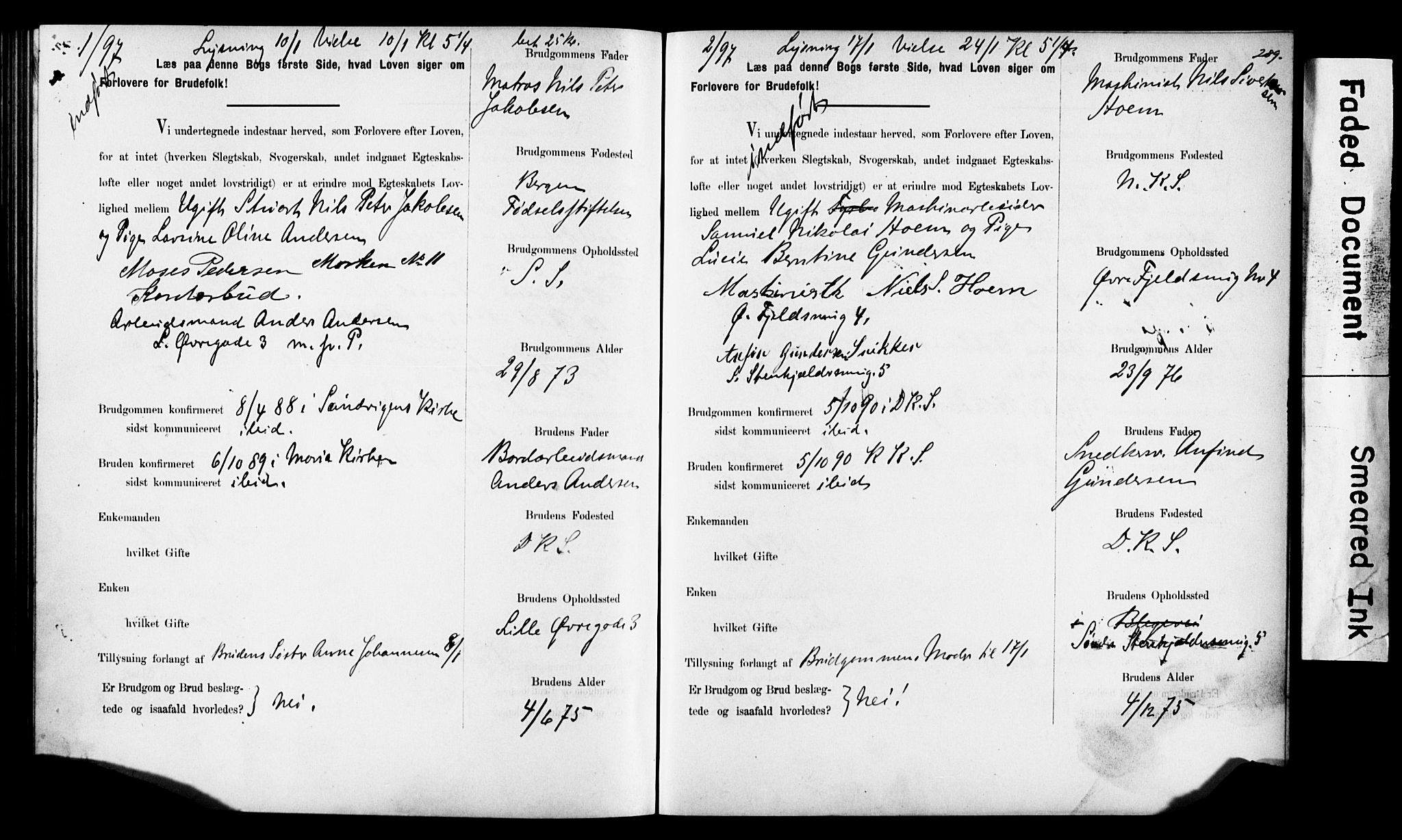Korskirken sokneprestembete, SAB/A-76101: Forlovererklæringer nr. II.5.6, 1889-1898, s. 289