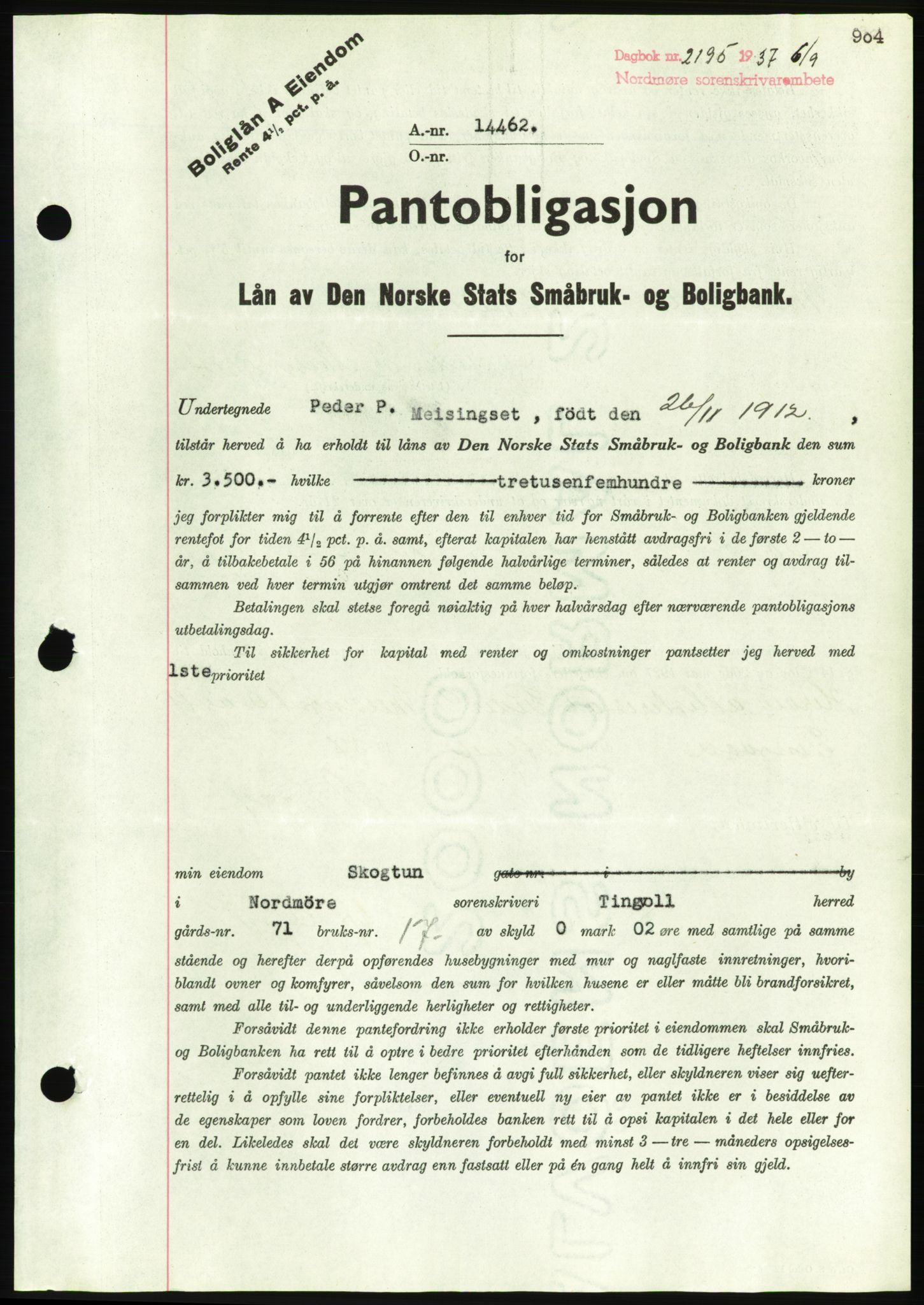 Nordmøre sorenskriveri, AV/SAT-A-4132/1/2/2Ca/L0091: Pantebok nr. B81, 1937-1937, Dagboknr: 2195/1937