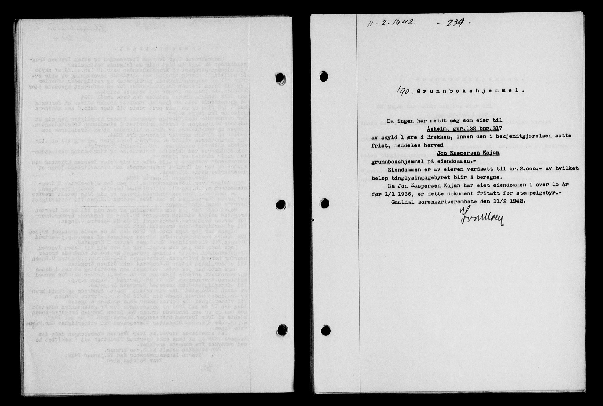 Gauldal sorenskriveri, SAT/A-0014/1/2/2C/L0054: Pantebok nr. 59, 1941-1942, Dagboknr: 190/1942