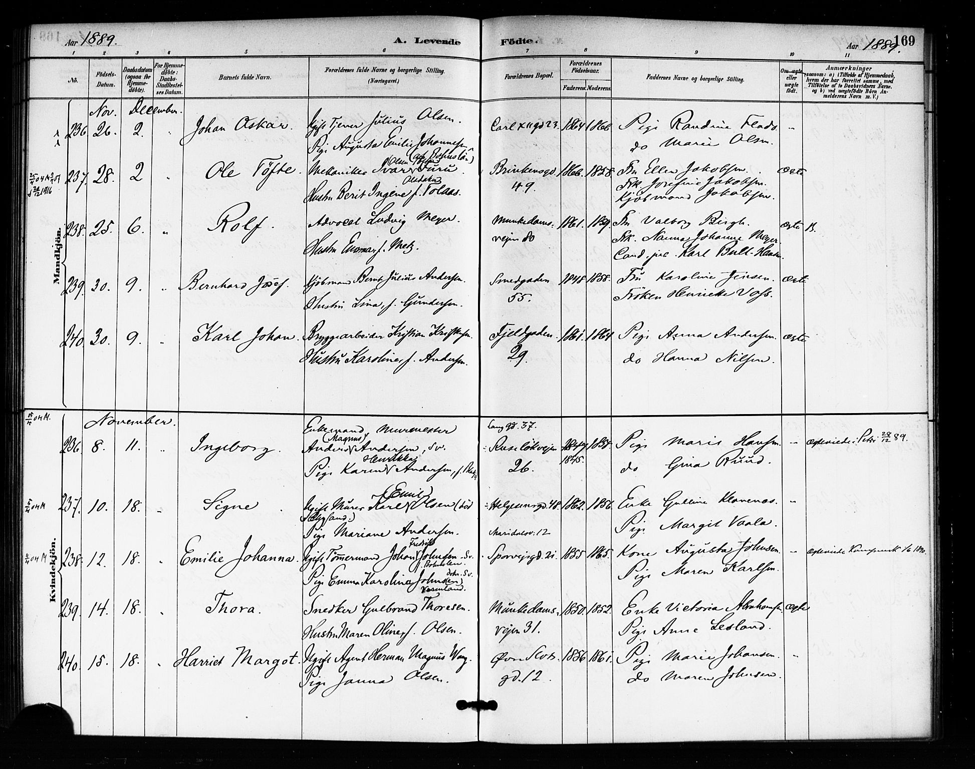 Rikshospitalet prestekontor Kirkebøker, AV/SAO-A-10309b/F/L0007: Ministerialbok nr. 7, 1885-1890, s. 169
